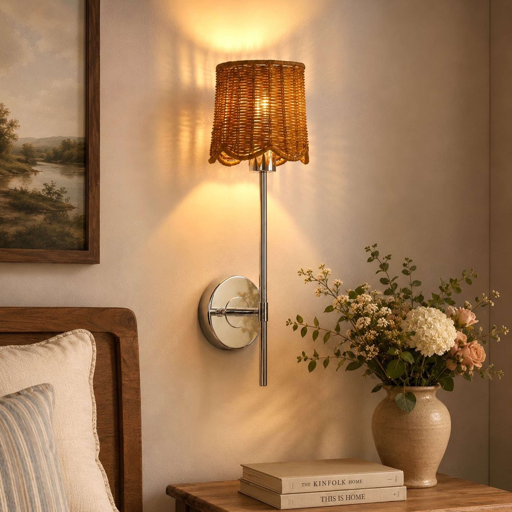 LNC Roselle 6.3-in W 1-Light Polished Chrome with Natural Rattan hardwired Dry Wall Sconce
