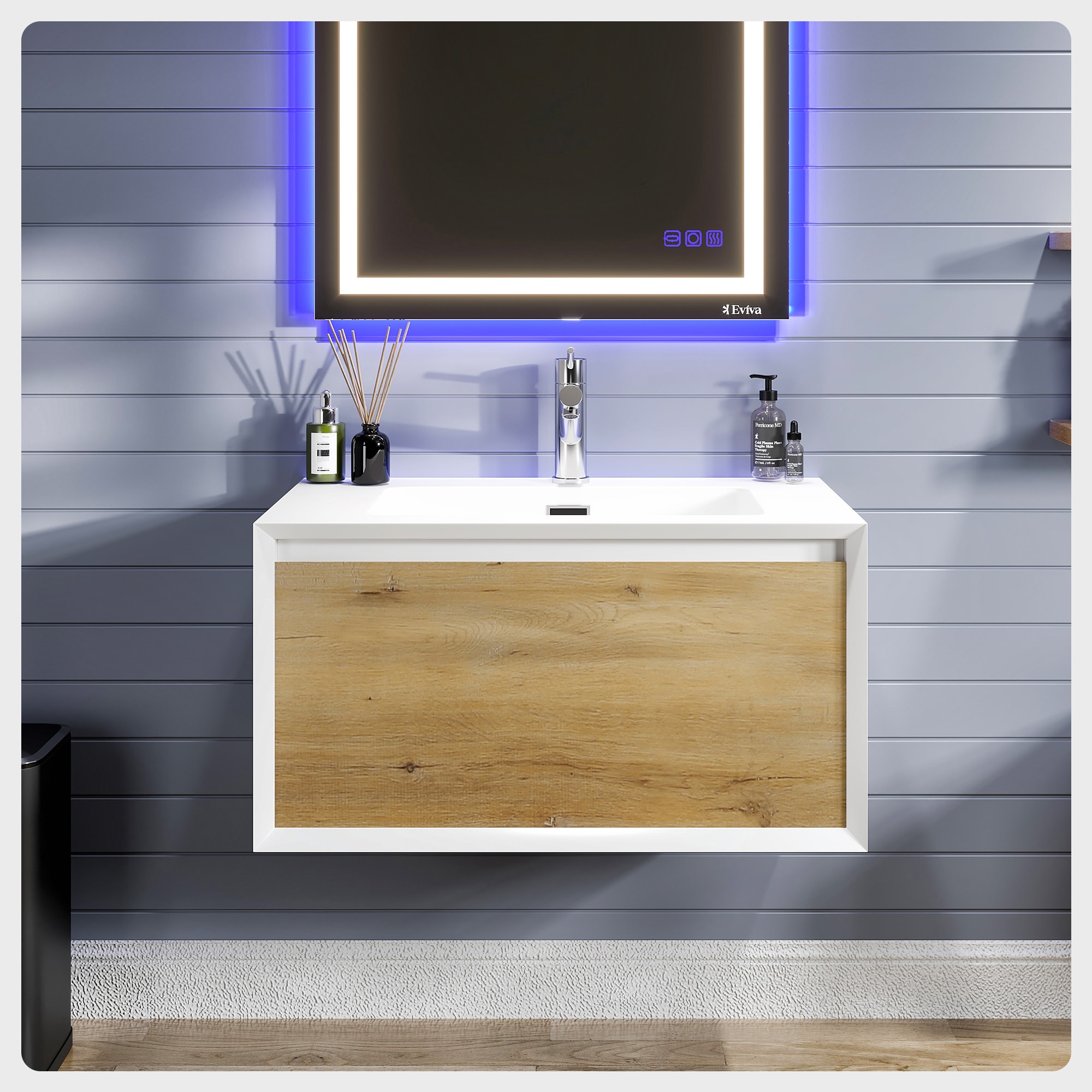 Eviva EVVN277-36OAK-WH Venice 36-in Oak Single Sink Floating Bathroom Vanity with White Acrylic Top