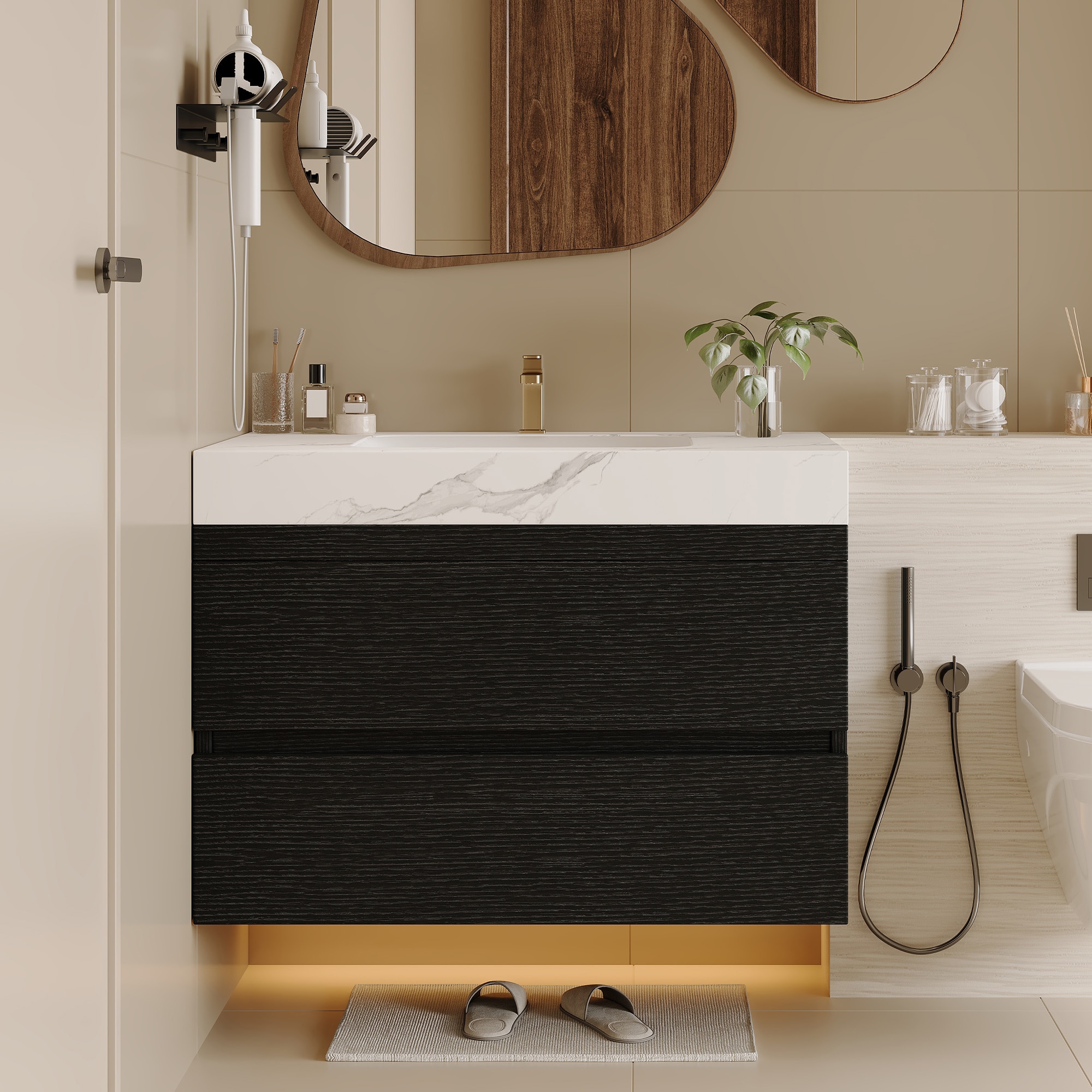 JPJPUU - 29.9-inch Modern Floating Bathroom Vanity with Faux Marble Top and Ceramic Undermount Si...
