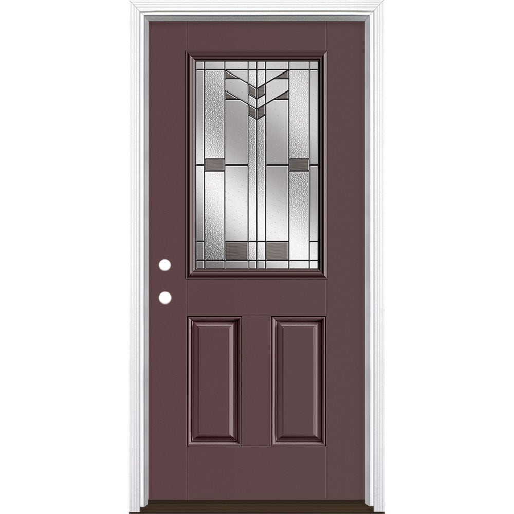 Masonite 3420420 Frontier 36-in x 80-in x 4-9/16-in Fiberglass Half lite Right-hand inswing Currant Painted Prehung Front Door with Brickmould Insulating core