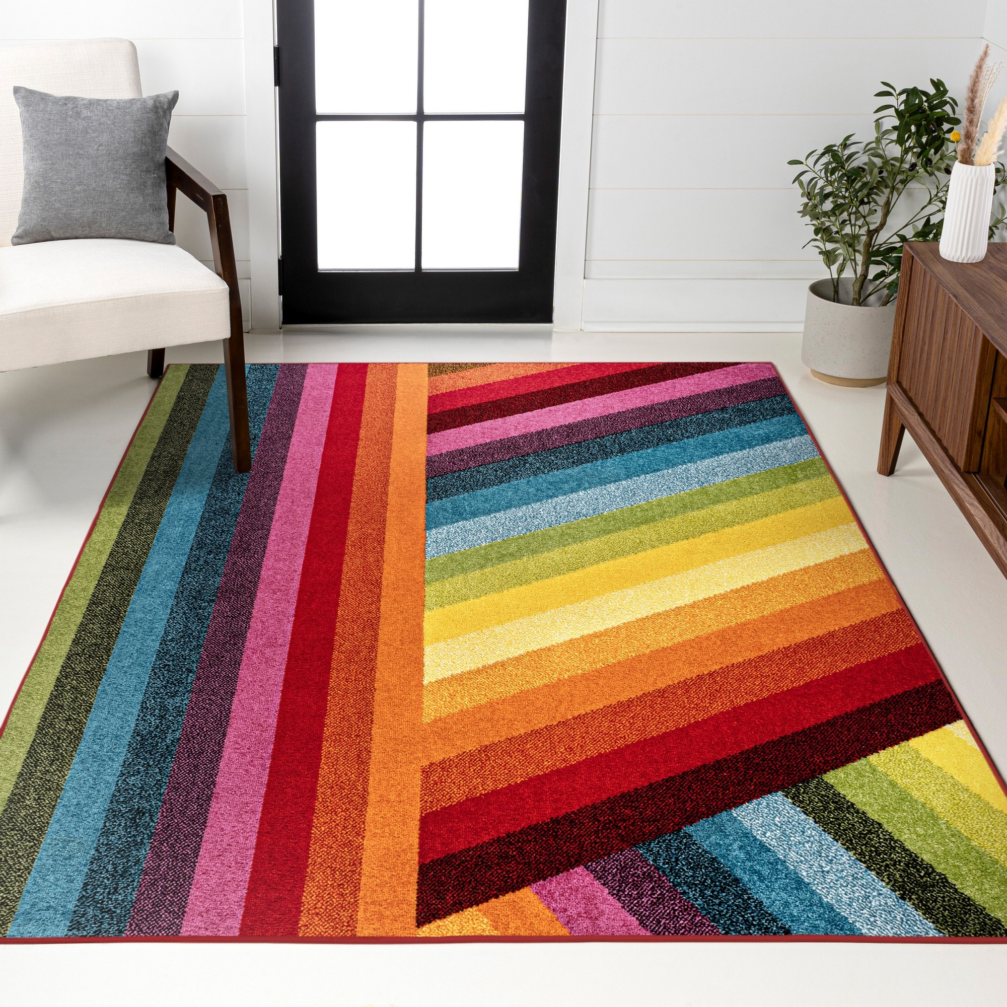 JONATHAN  Y DZC102A-8 DAZZLE Retro Rainbow Contemporary Stripe 8 x 10 (ft) Loomed Multi Rectangular Indoor Stripe Mid-Century Modern Pet Friendly Area rug