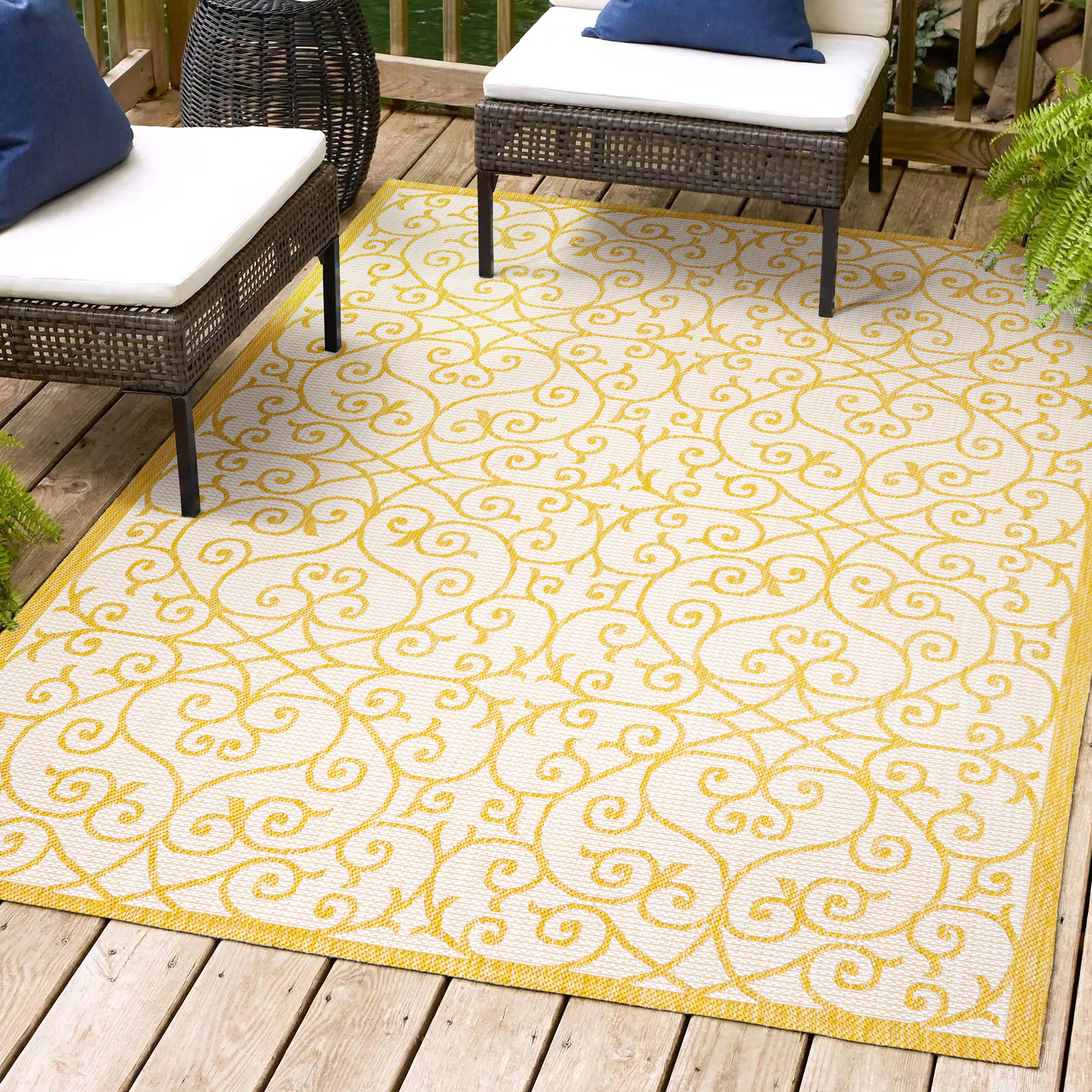 JONATHAN  Y SMB107D-8 Santa Monica Madrid Filigree Textured Weave 8 x 10 (ft) Loomed Polypropylene Cream/Yellow Rectangular Indoor/Outdoor Border Coastal Area rug