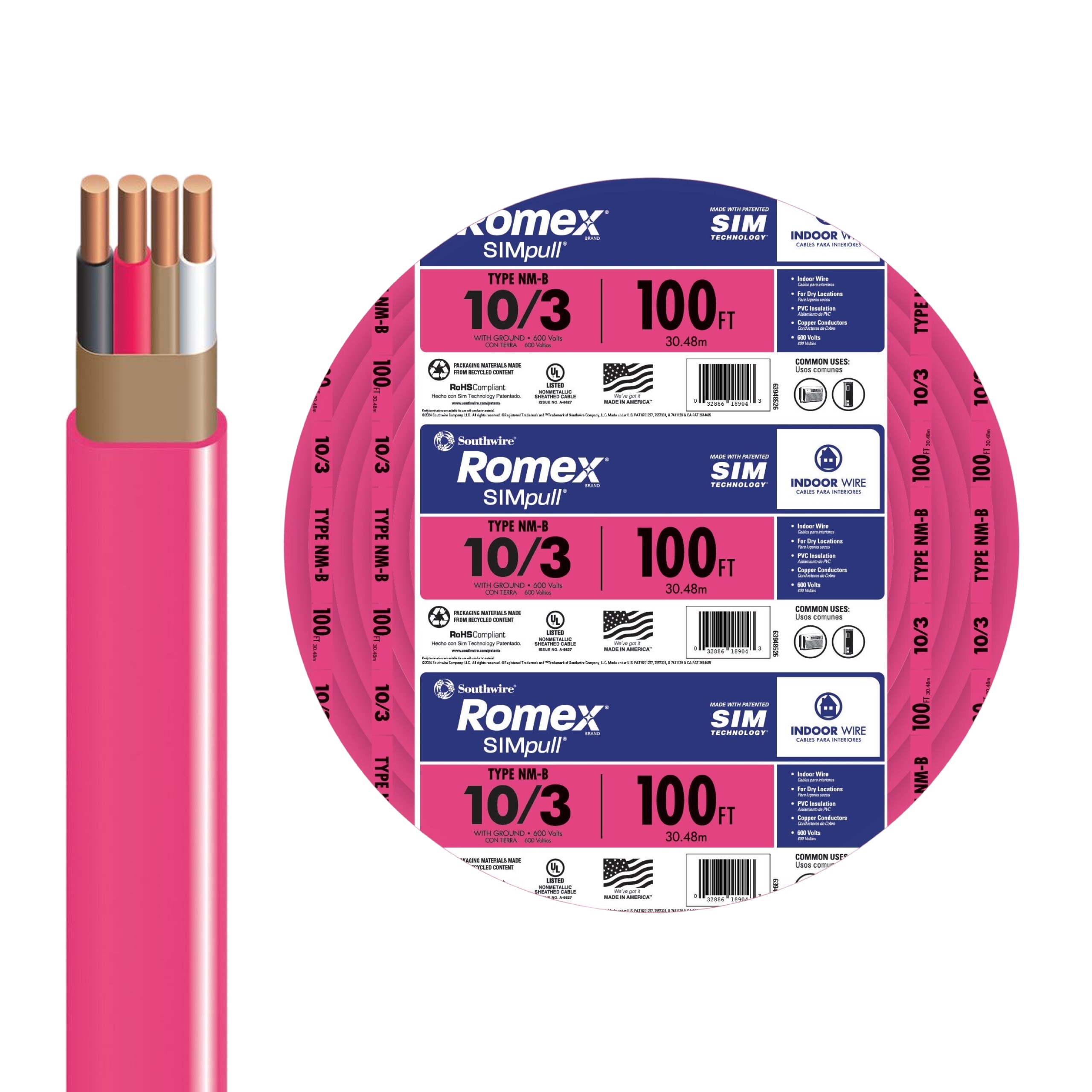 Southwire 100-ft 10 / 3 Romex SIMpull Solid CU NM-B Ground Wire Wire Individual pack ( By-the-roll )