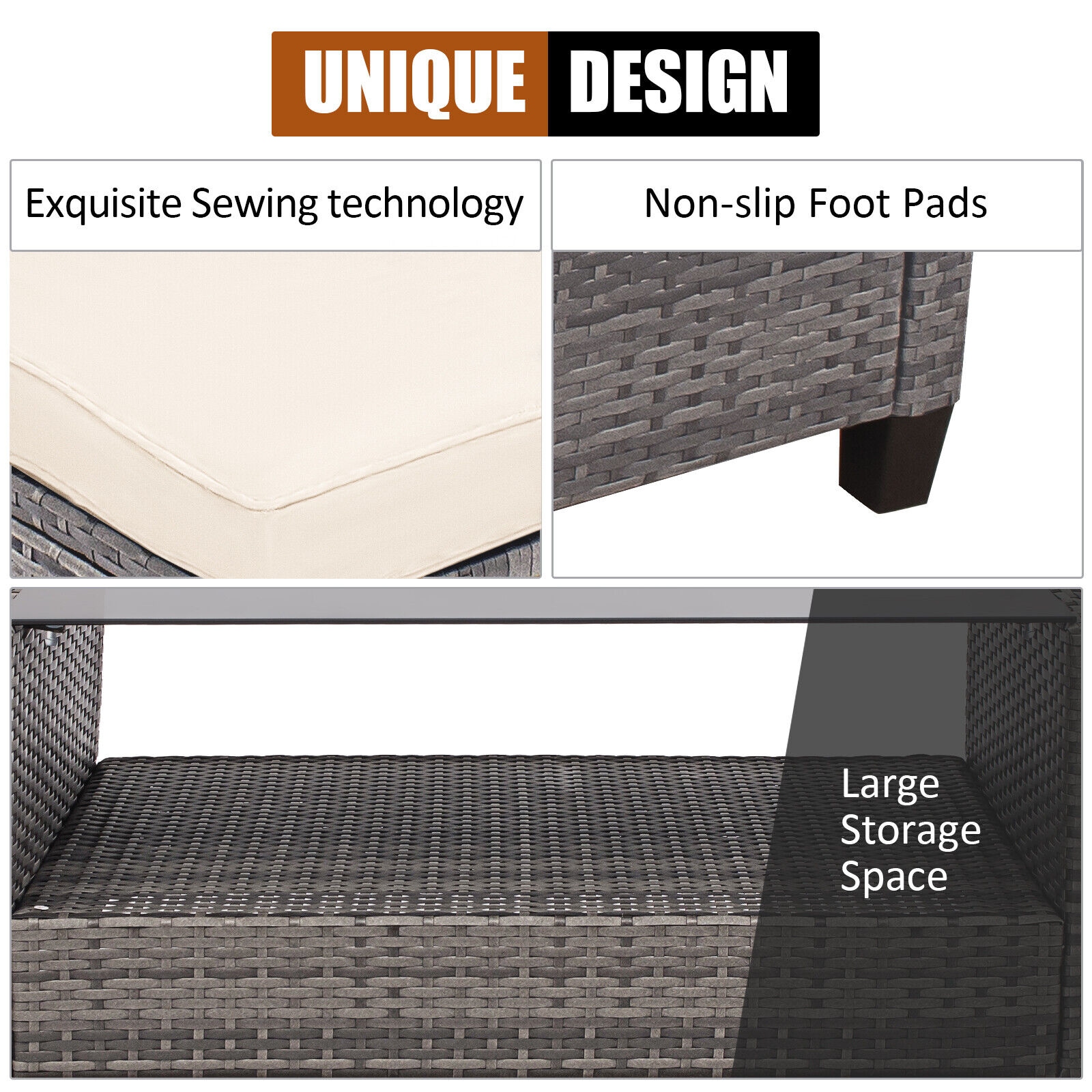 Off-White 5-Person PE Rattan Patio Furniture Set with Cushions and Glass Table