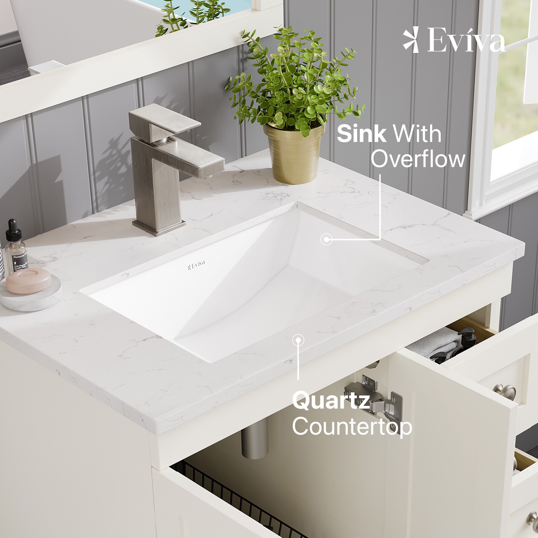 White Carrara Quartz Top Freestanding Bathroom Vanity with Porcelain Sink