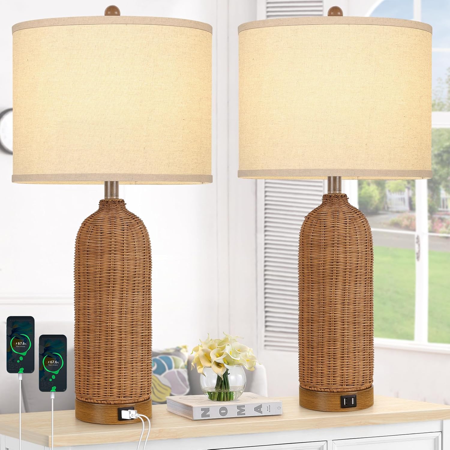 Nordic Hygge WL-FHK23024A-CL-2 Set of 2 Rattan Table Lamps with 2 USB Ports 29 Tall Farmhouse Lamp for Living Room Bedroom Office Vintage Brown Desk Nightstand Lamps
