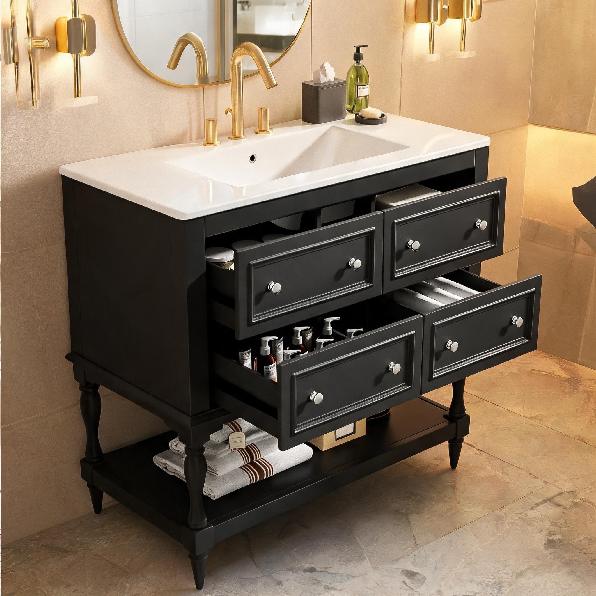 SunJet Sophisticated 36-Inch Freestanding Vanity with Undermount Ceramic Sink and 4 Drawers in Jet Black