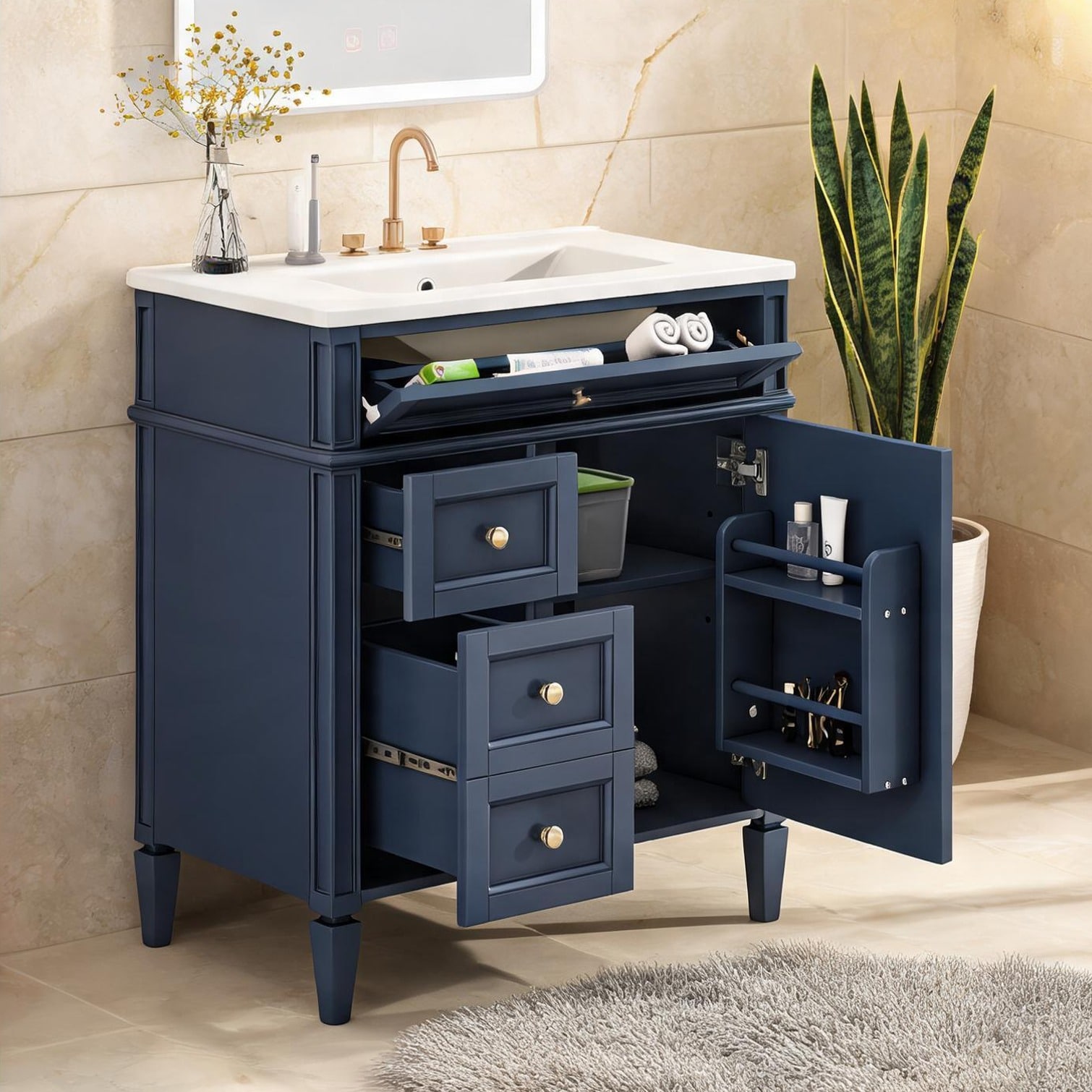 SunJet 30-Inch Bathroom Vanity with Single Basin Sink Blue-Toned Solid Wood and MDF Cabinet Modern Freestanding Storage