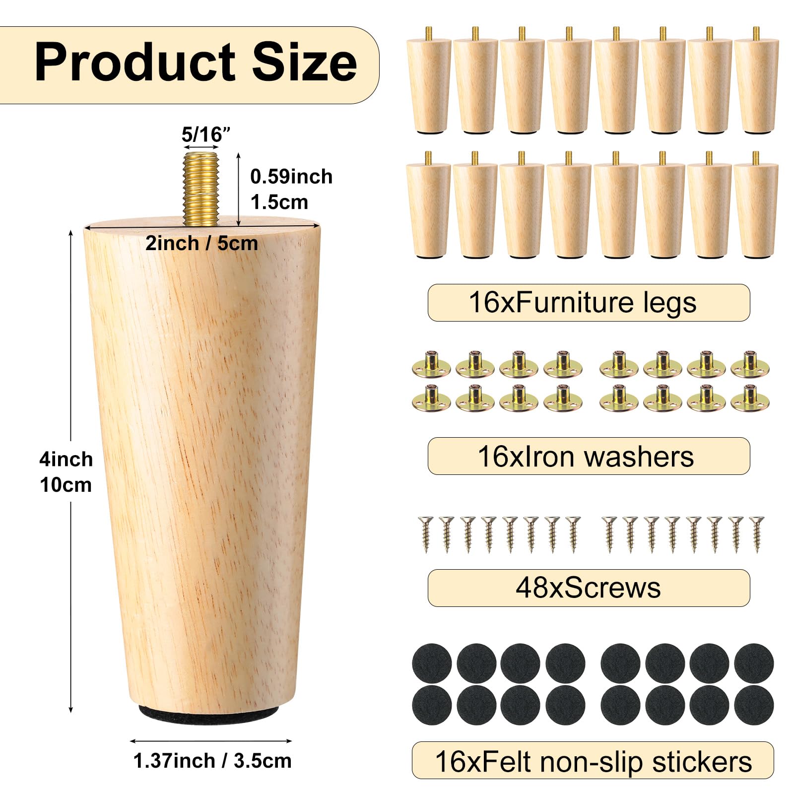 Wudkey 16-Pack 4 in. Natural Wood Furniture Legs with Non-Slip Pads ...