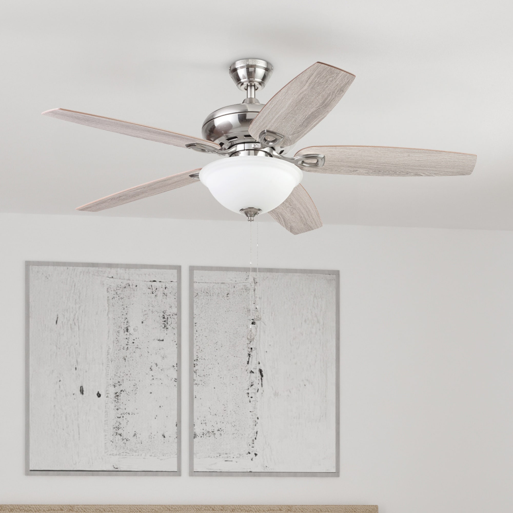 Harbor Breeze 42297 Coastal Creek II 52-in Downrod or Flush Mount Brushed nickel with Driftwood/Toffee Blades Ceiling Fan With Light ( 5 -Blade )