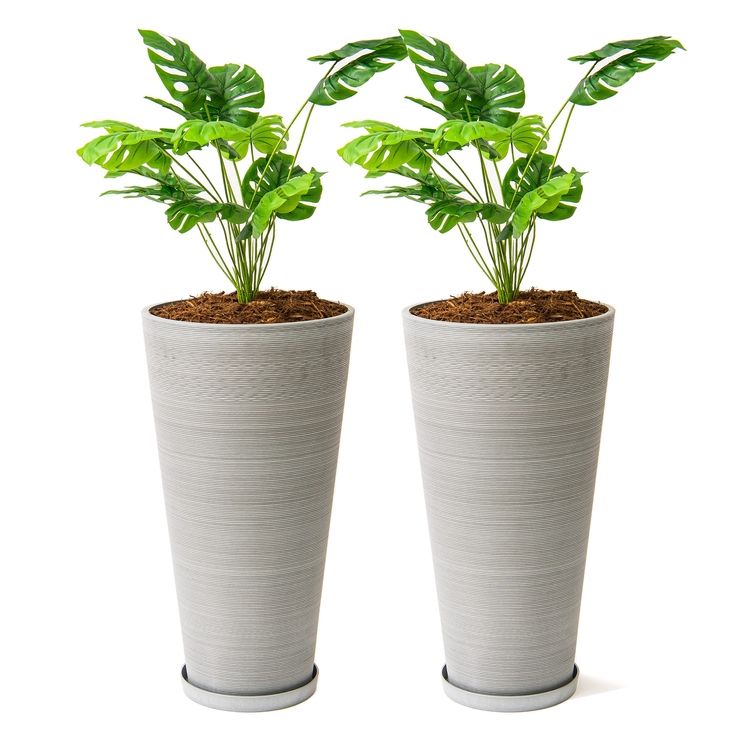XBrand LW6524GR2 2 -Pack Round 15.4-in W Large Gray Plastic Contemporary/Modern Indoor/Outdoor Planter with Drainage Holes with Self Watering Attached Saucer