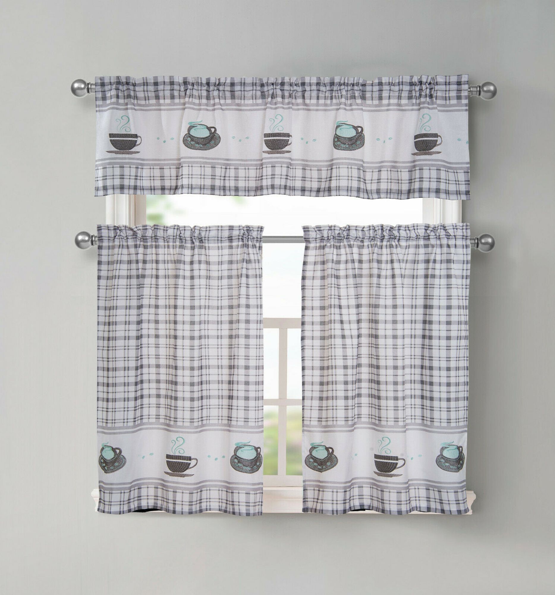 KATE AURORA - Plaid Coffee Time 3 Pc Cafe Kitchen Curtain Tier and Valance Set 56 in W x 36 in L ...