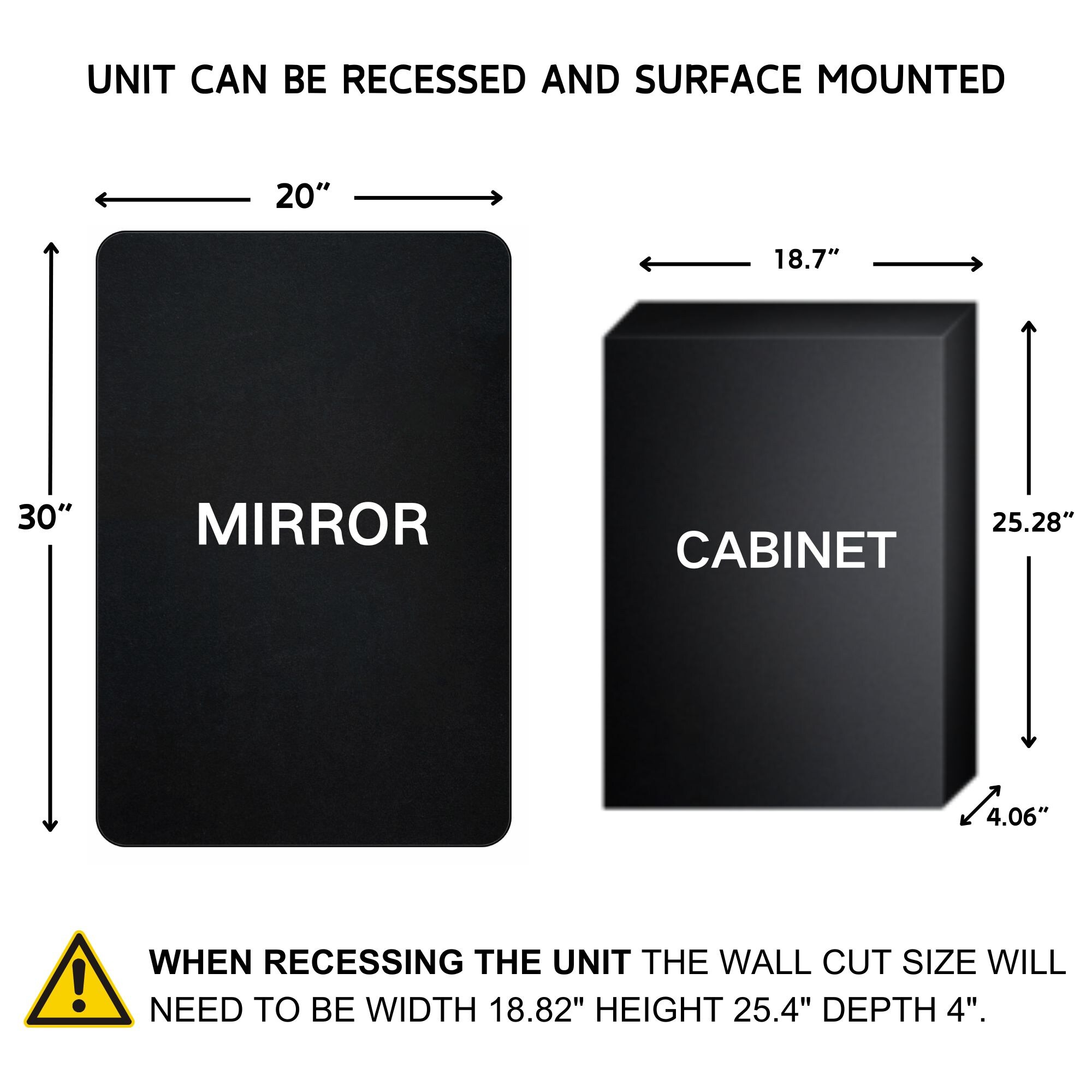 TEHOME 20-in x 30-in LED Surface/Recessed Mount Matt Black Mirrored Soft Close Medicine Cabinet