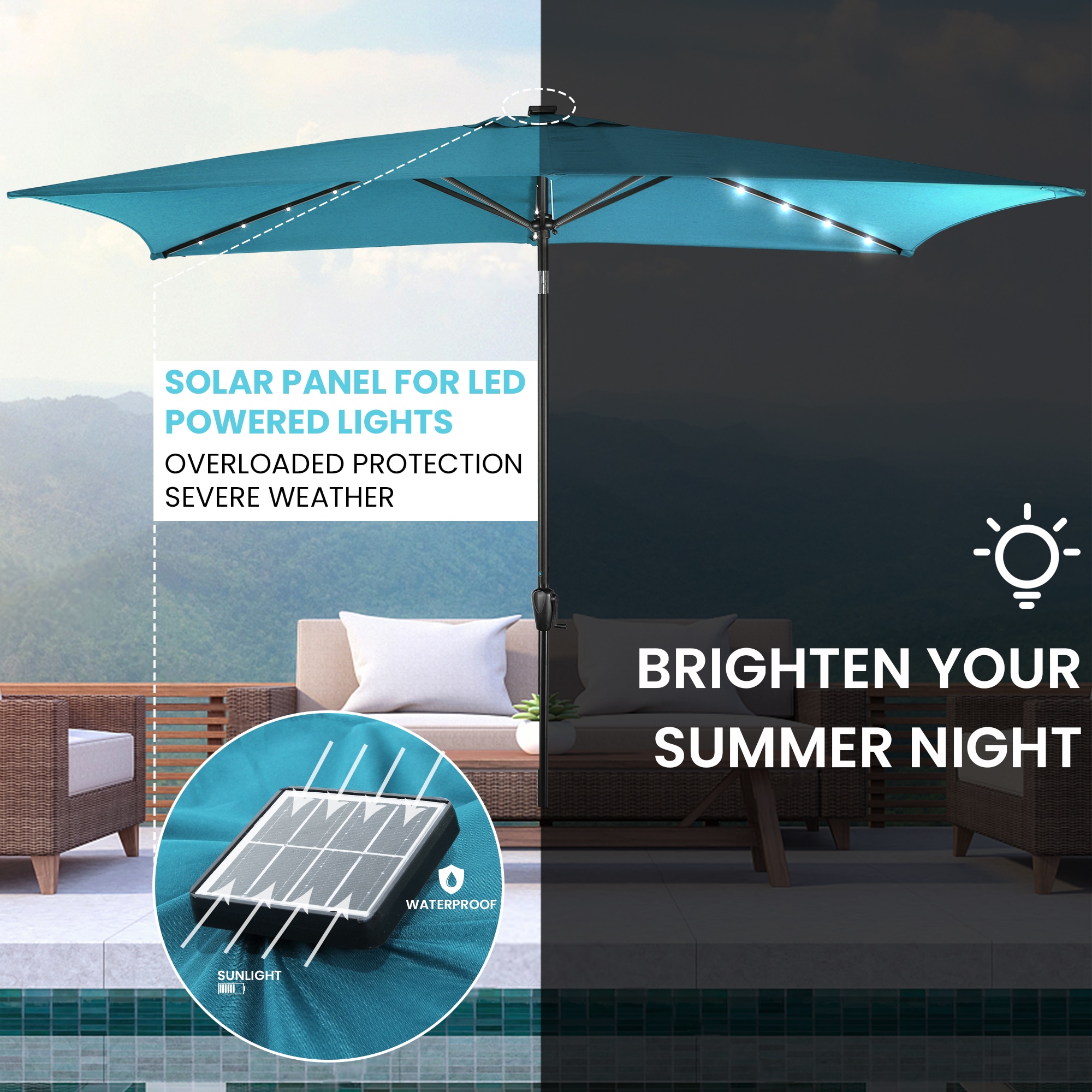 Teal Rectangular Solar LED Patio Umbrella with Steel Frame