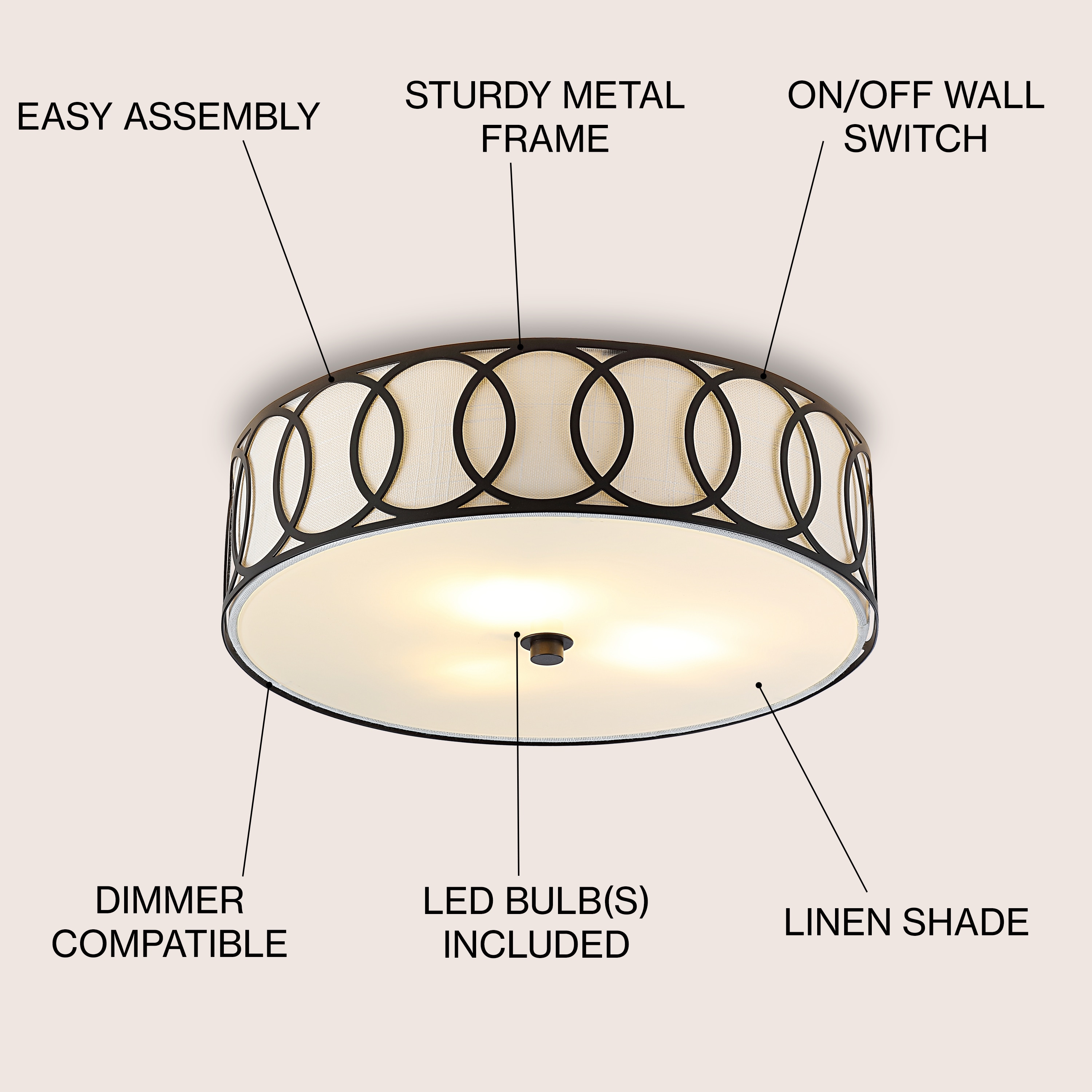 Aubrey Contemporary 15.5" LED Flush Mount in Oil Rubbed Bronze with Linen Shade