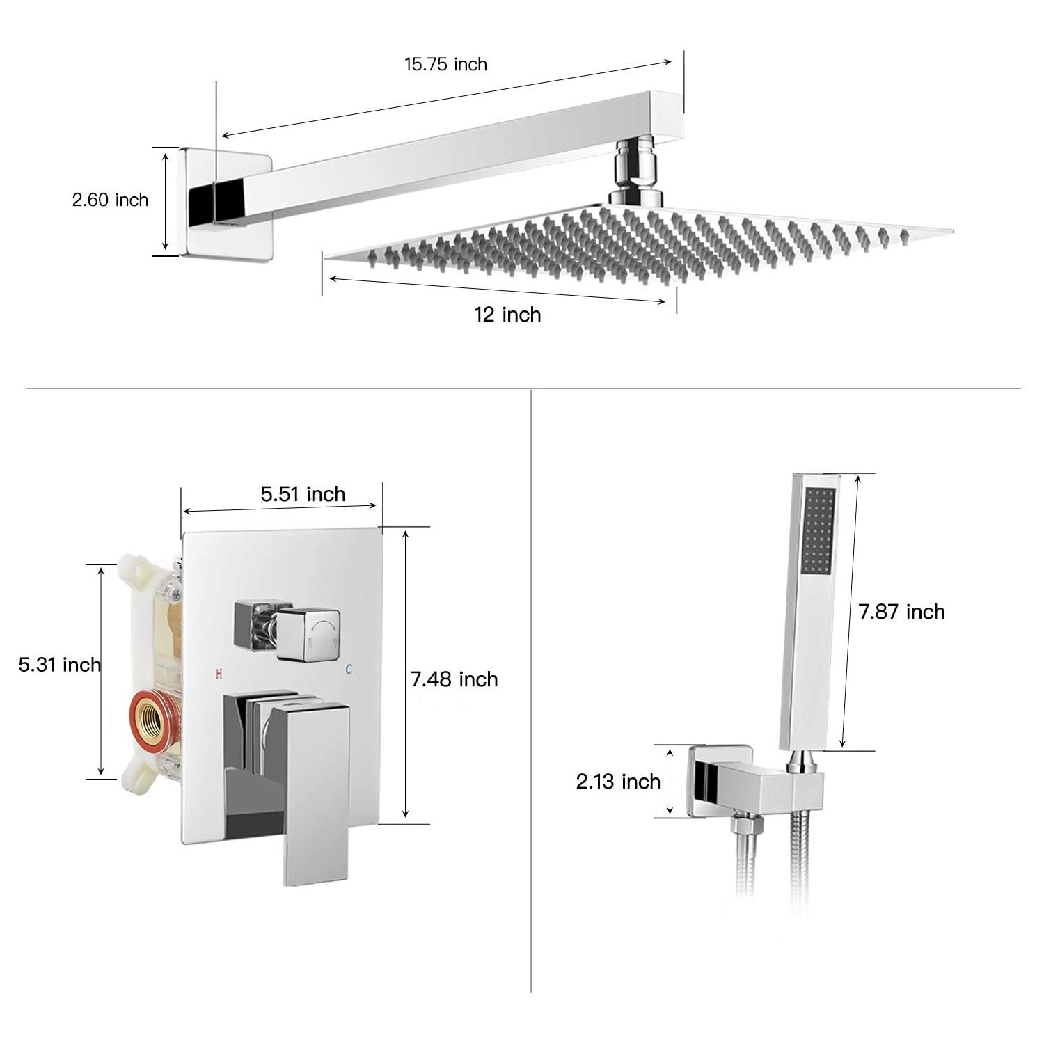 Bwe Shower Faucet Polished Chrome 1 Handle Multi Function Square Shower