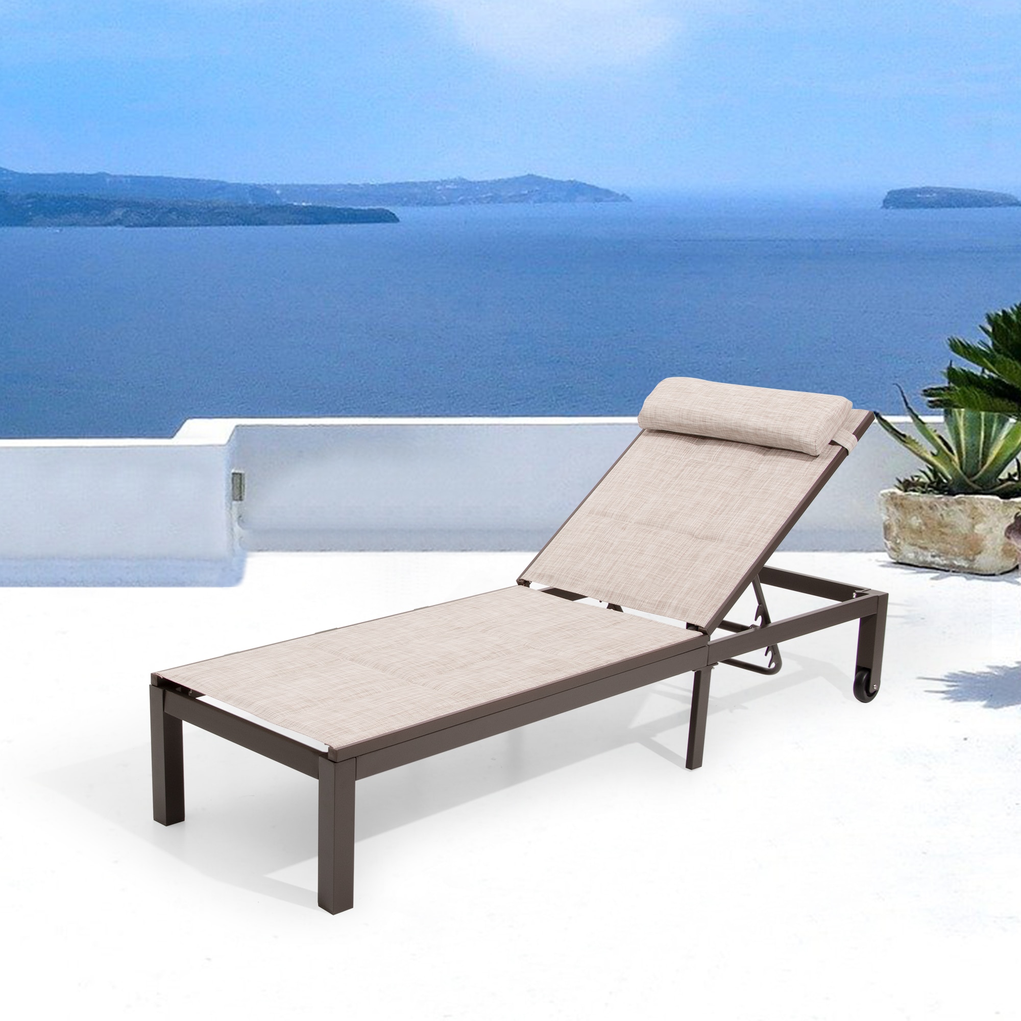 Pellebant PB-LG015TAN-2PC Chaise lounge Set of 2 dark brown Iron Frame Stationary Chaise Lounge Chair with Tan Mesh Seat