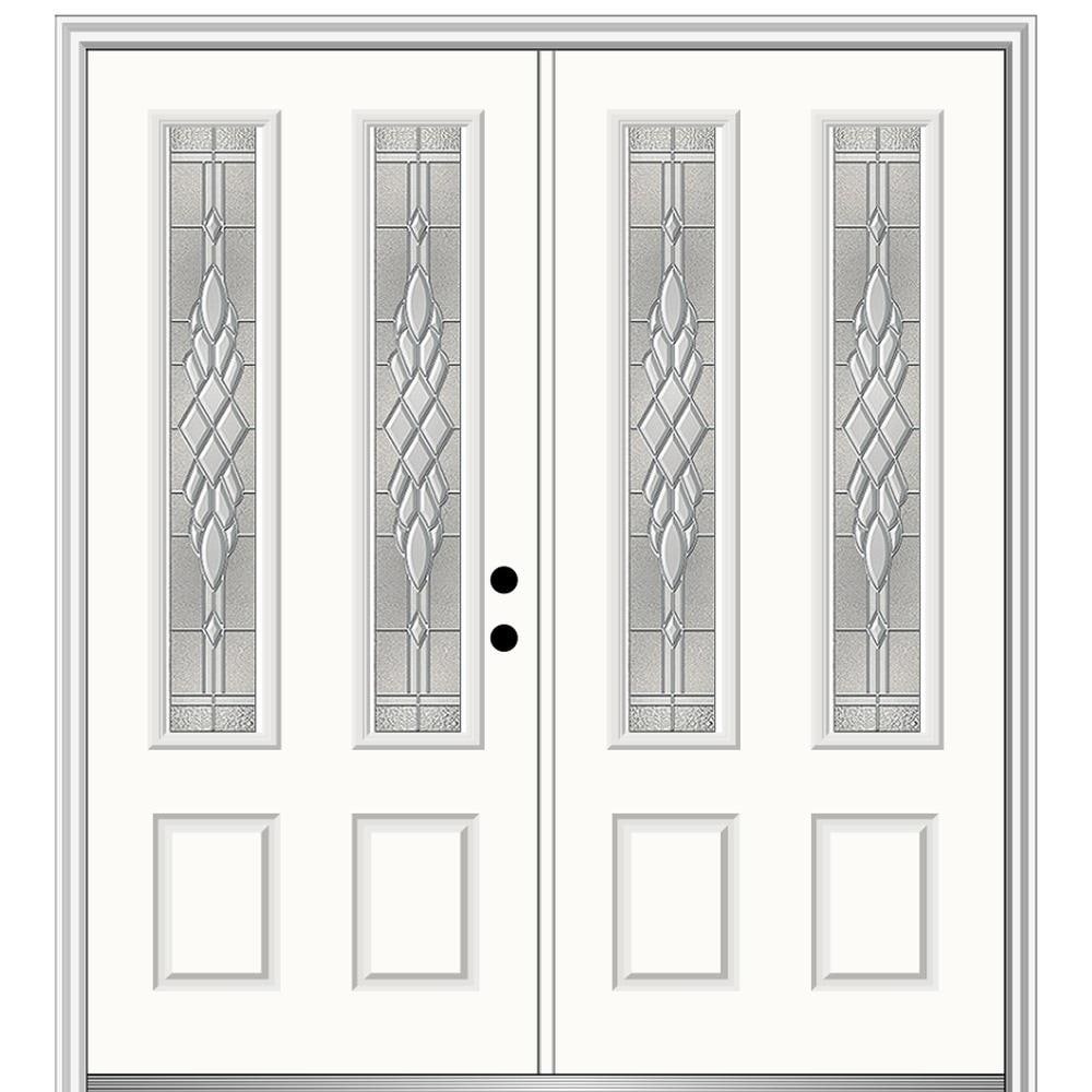 MMI DOOR ZZ365624L 72-in x 80-in x 4-9/16-in Fiberglass Twin lite Left-hand inswing Alabaster Painted Prehung Double Front Door with Brickmould Insulating core