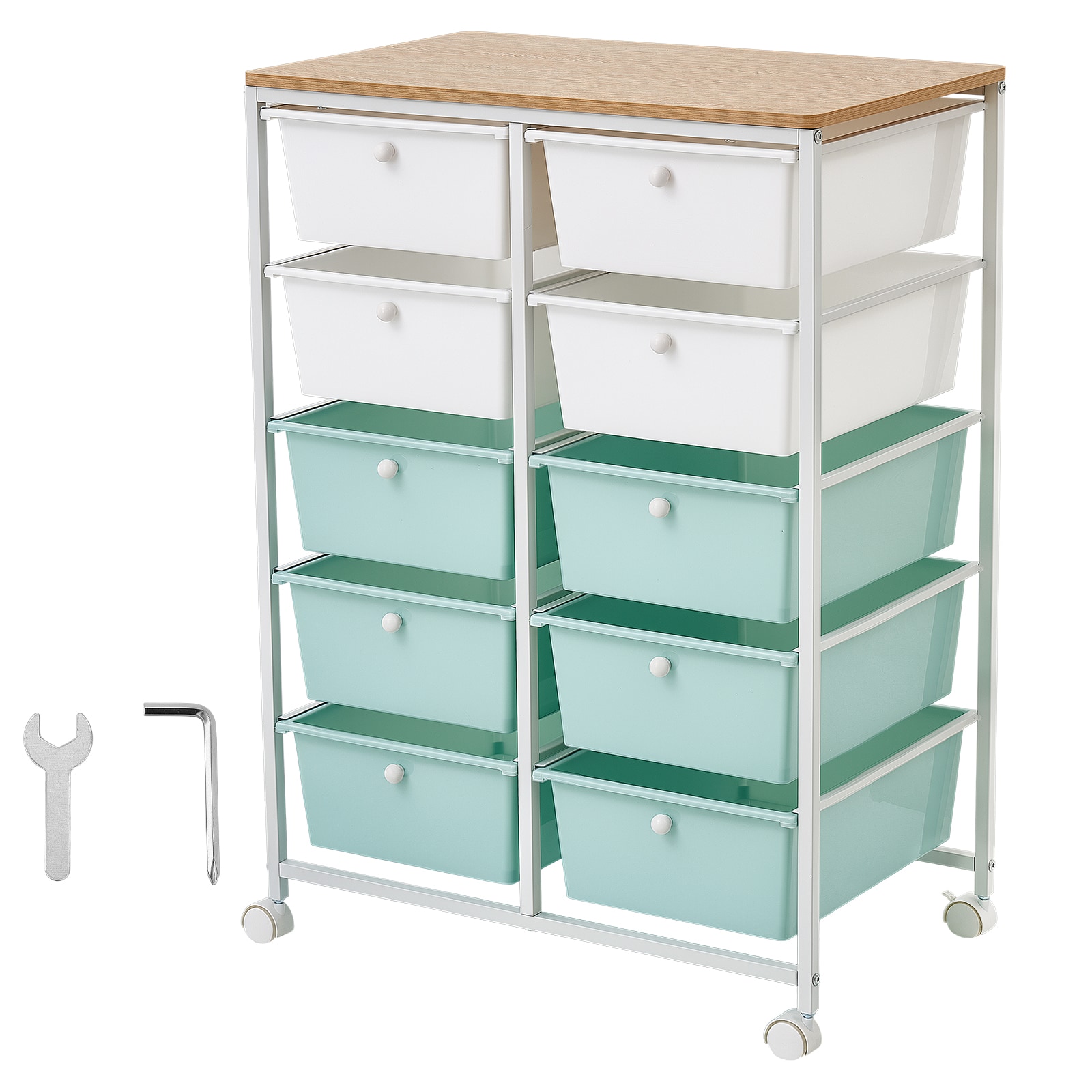 VEVOR Rolling Cart with Drawers Double Row 10 Drawer Storage Organizer Mobile Utility Cart Wood Top Steel Frame Universal Casters and 2 Brakes for Office Classroom Craft Room Studio Blue White