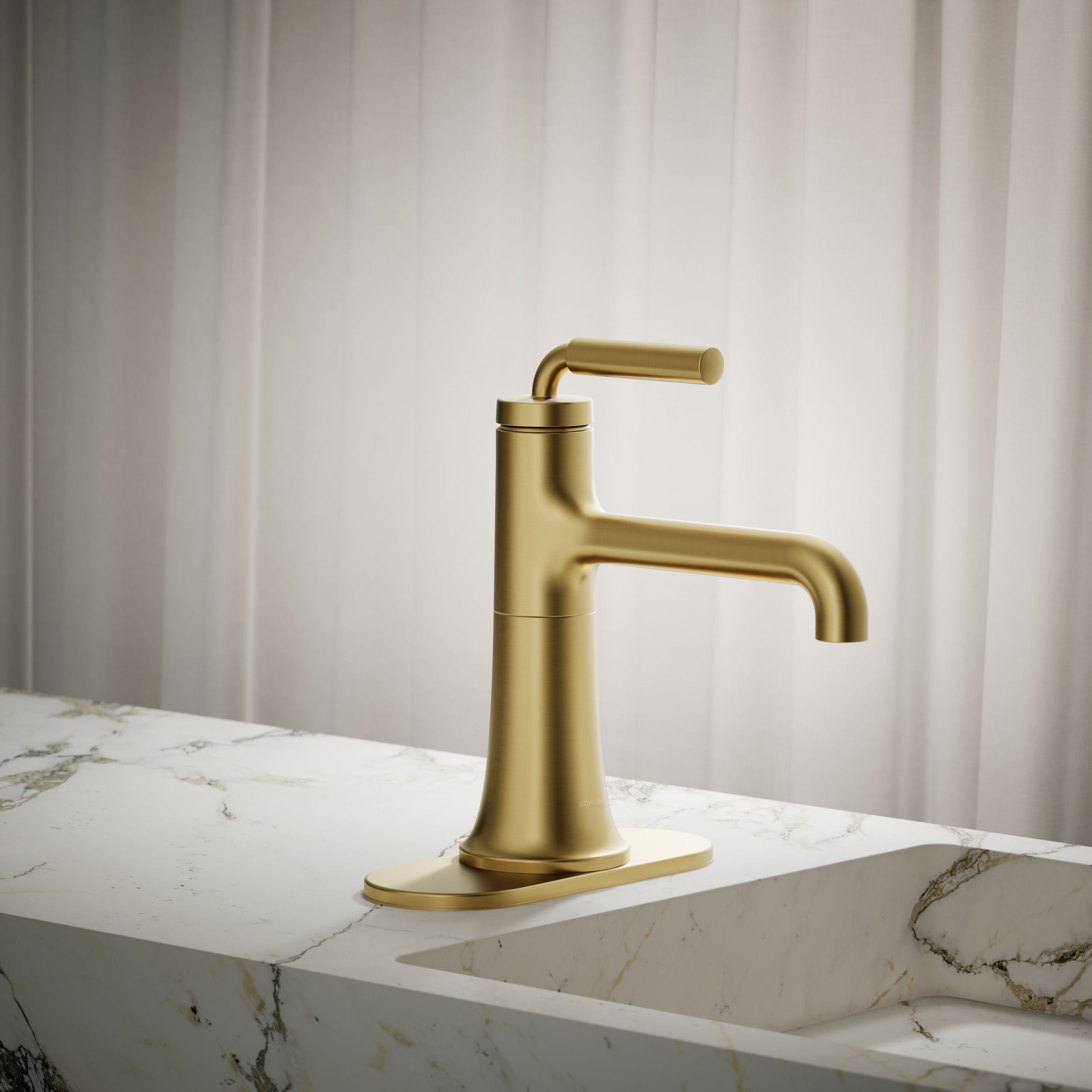 KOHLER 27415-4-2MB Tone Vibrant Brushed Moderne Brass Single hole 1-handle WaterSense Low-arc Residential Handle Bathroom Sink Faucet with Drain with Deck Plate