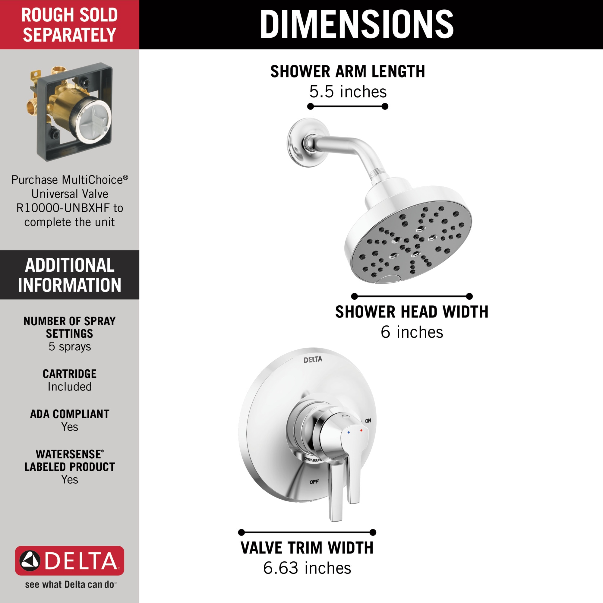 Delta Galeon Lumicoat Chrome 2 Handle Multi Function Round Shower