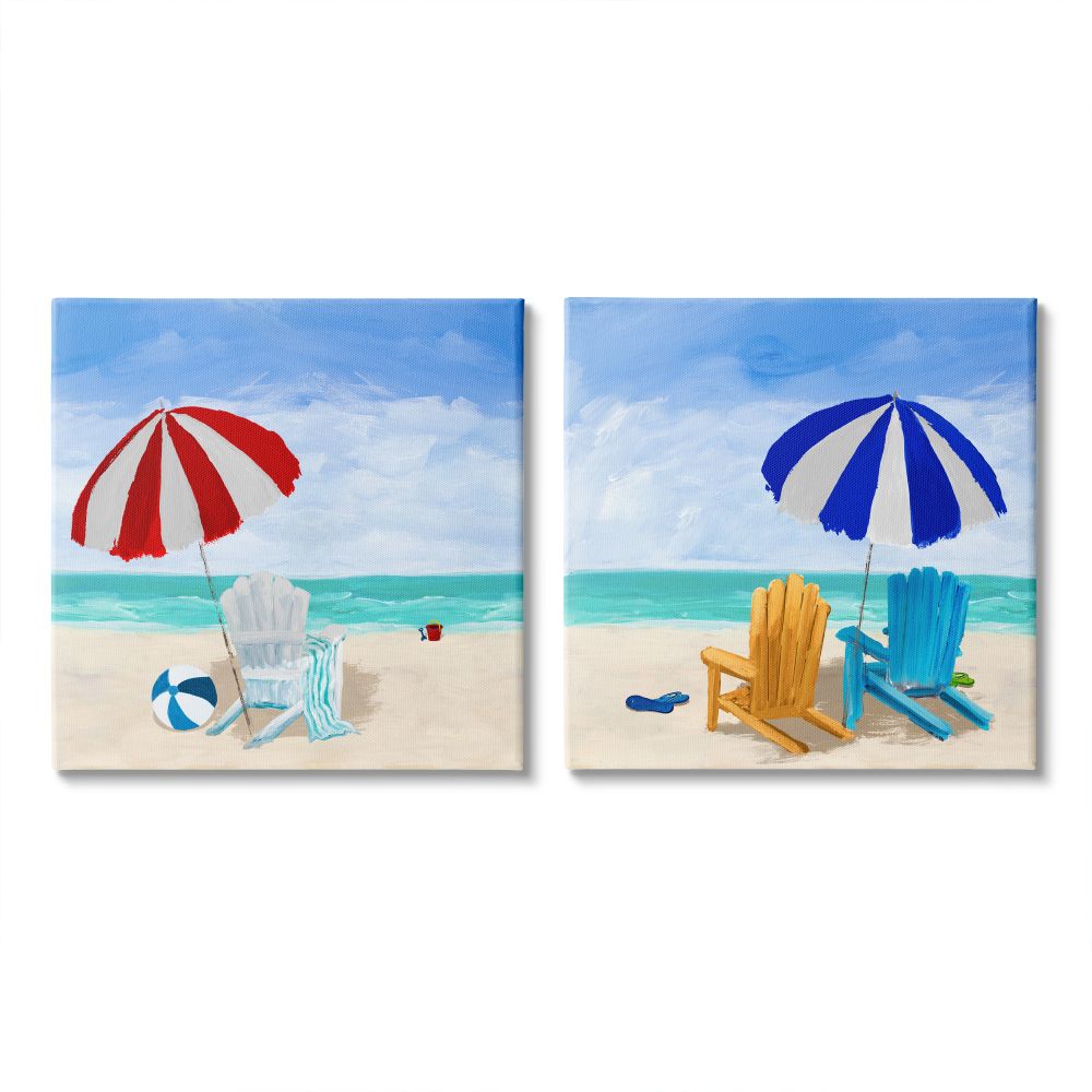 Stupell Industries A2-080-CN-2PC-17X17 Beach Chairs At Shore Summer Nautical Scene Julie Derice 17-in H x 17-in W Coastal Print on Canvas