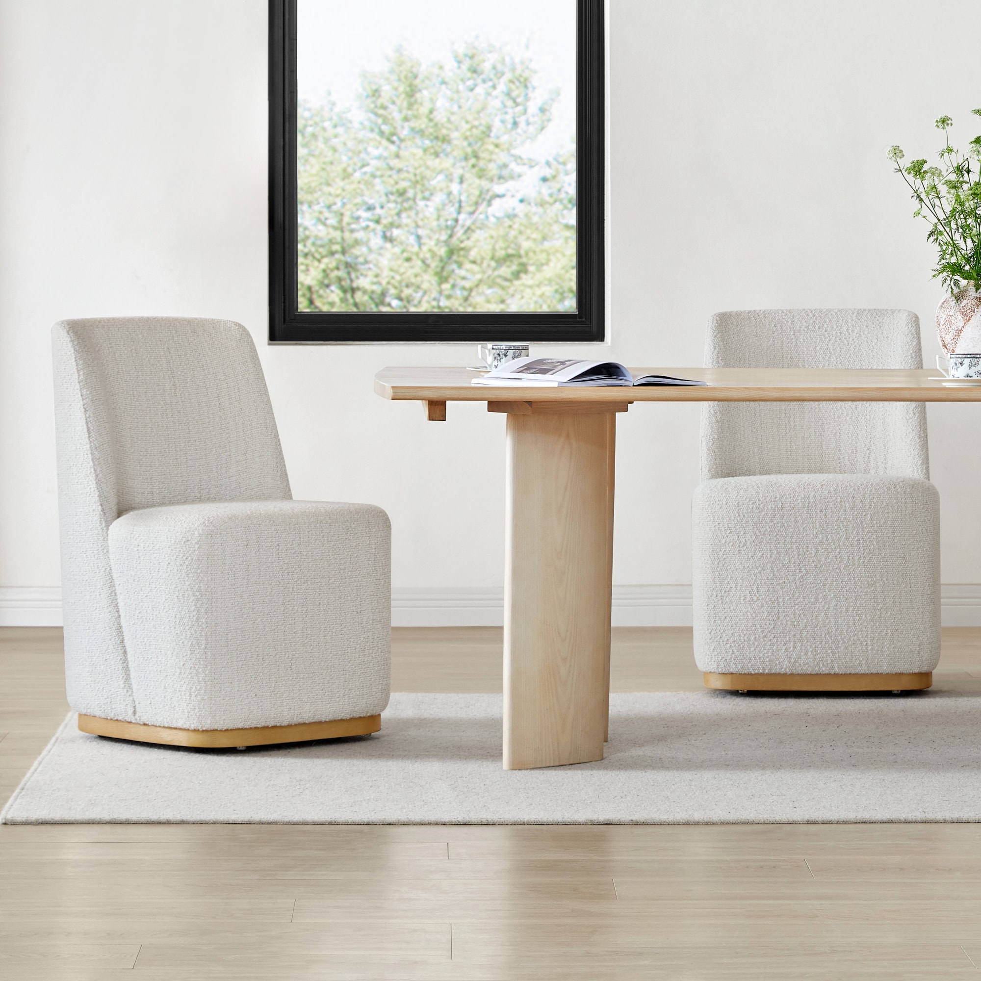 Circle 55 LWSDC72232-A0603290T Oberon White Fabric Modern Dining Chairs with Casters Base and Solid Wood Frame for Kitchen and Dining Room (Set of 2)