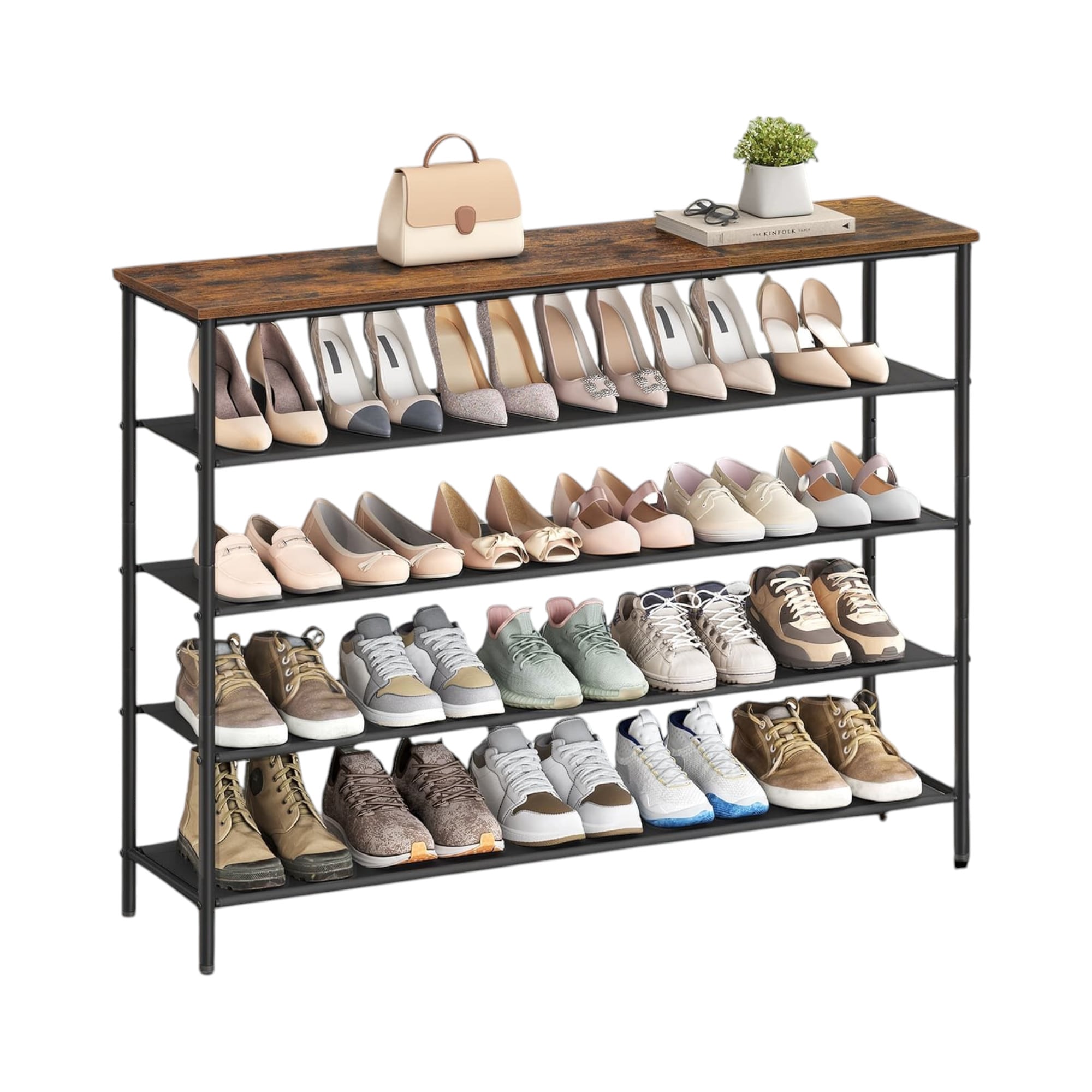Slickblue 47.2H Inch 4 Tier Shoe Organizer (12 - 18 Pair Capacity) Rustic Brown Particleboard Black Steel Polyester Fabric Shoe Rack with Anti Tip Kit for Entryway Bedroom Dressing Room