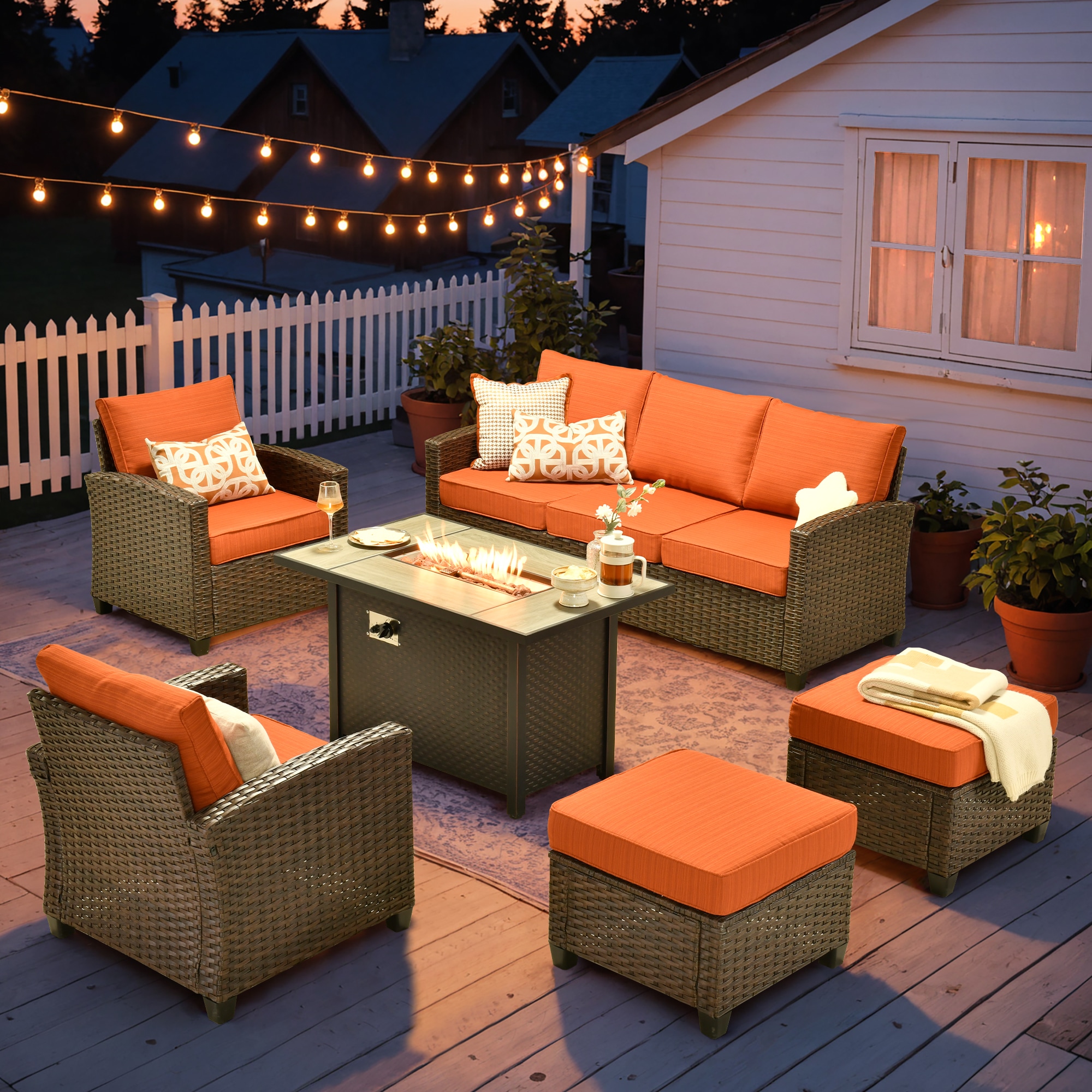 Caodoc L5-GY-PRS801-1 GY-PRS Rattan Outdoor Sectional with Orange Cushions and Wicker Frame