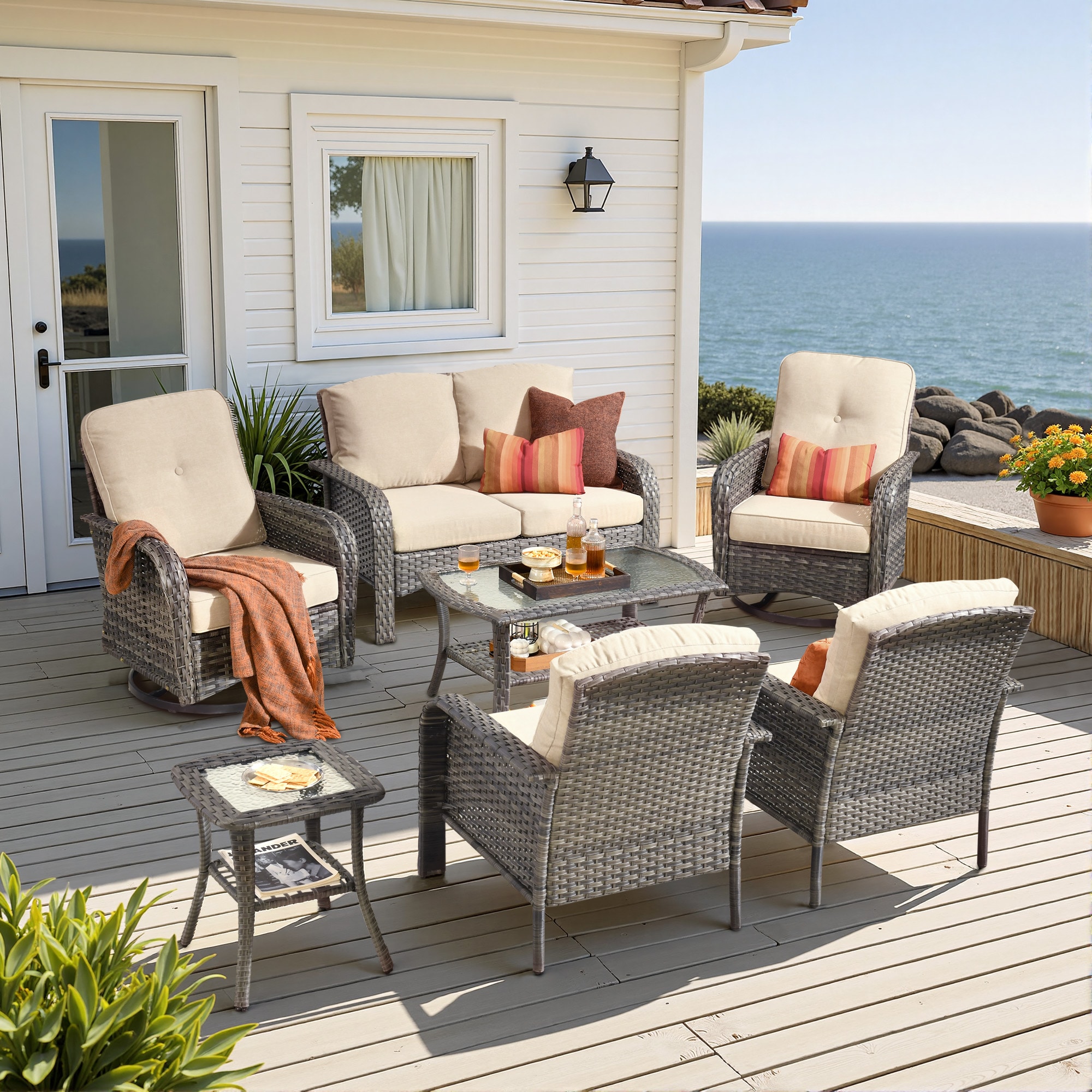 Ovios GN607Y 7 -Piece Rattan Patio Conversation Set with Beige Cushions