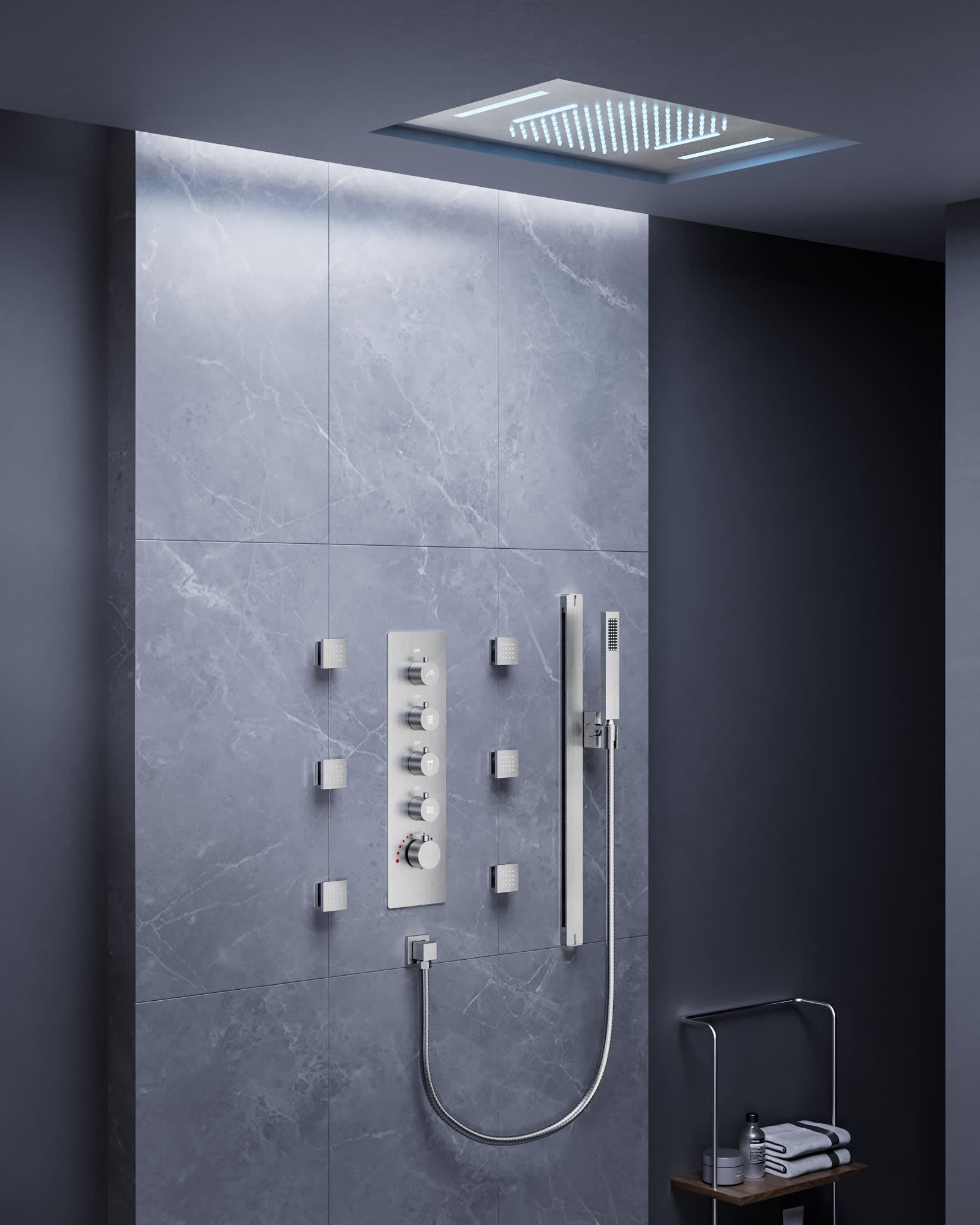 EVERSTEIN SFS-1025-NK 15-Spray 23 in. L Rectangular Waterfall Fixed and Handheld Shower Head with LED in Brushed Nickel
