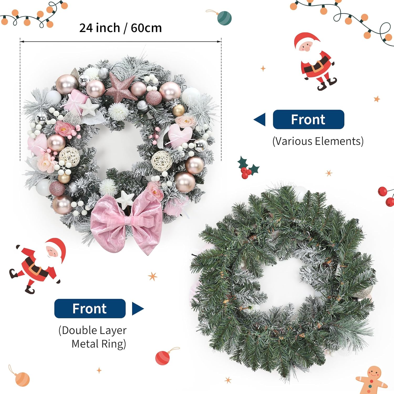 IdealHouse 24-in Christmas Wreath Pre-Lit with Warm White LED Lights and Bow for Front Door Indoor Outdoor