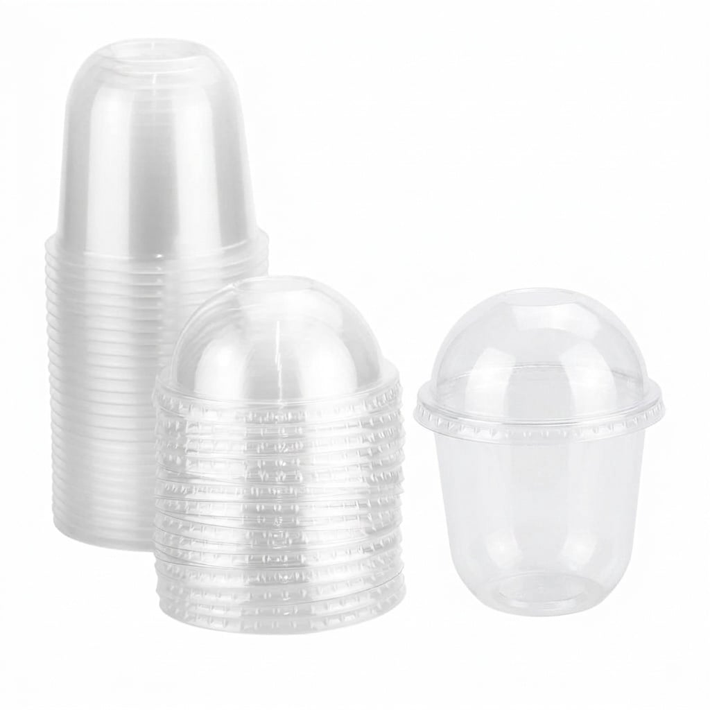 Etokfoks  Disposable 12 in Clear Plastic Cups Dome Lids No Hole Transparent White Family Dessert Tableware 50 Pack Case