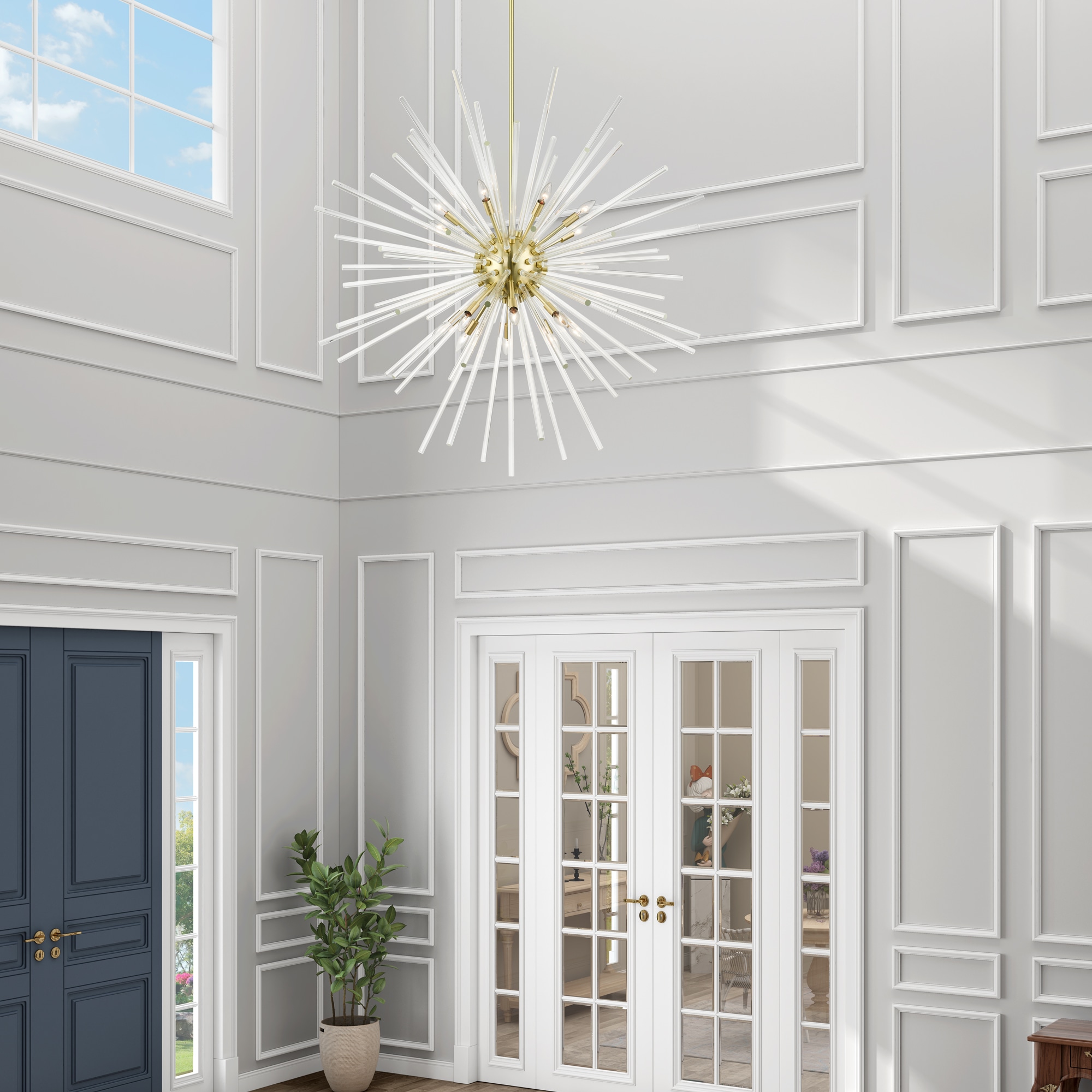 Satin Brass Elegance 16-Light Chandelier with Clear Crystal Rods