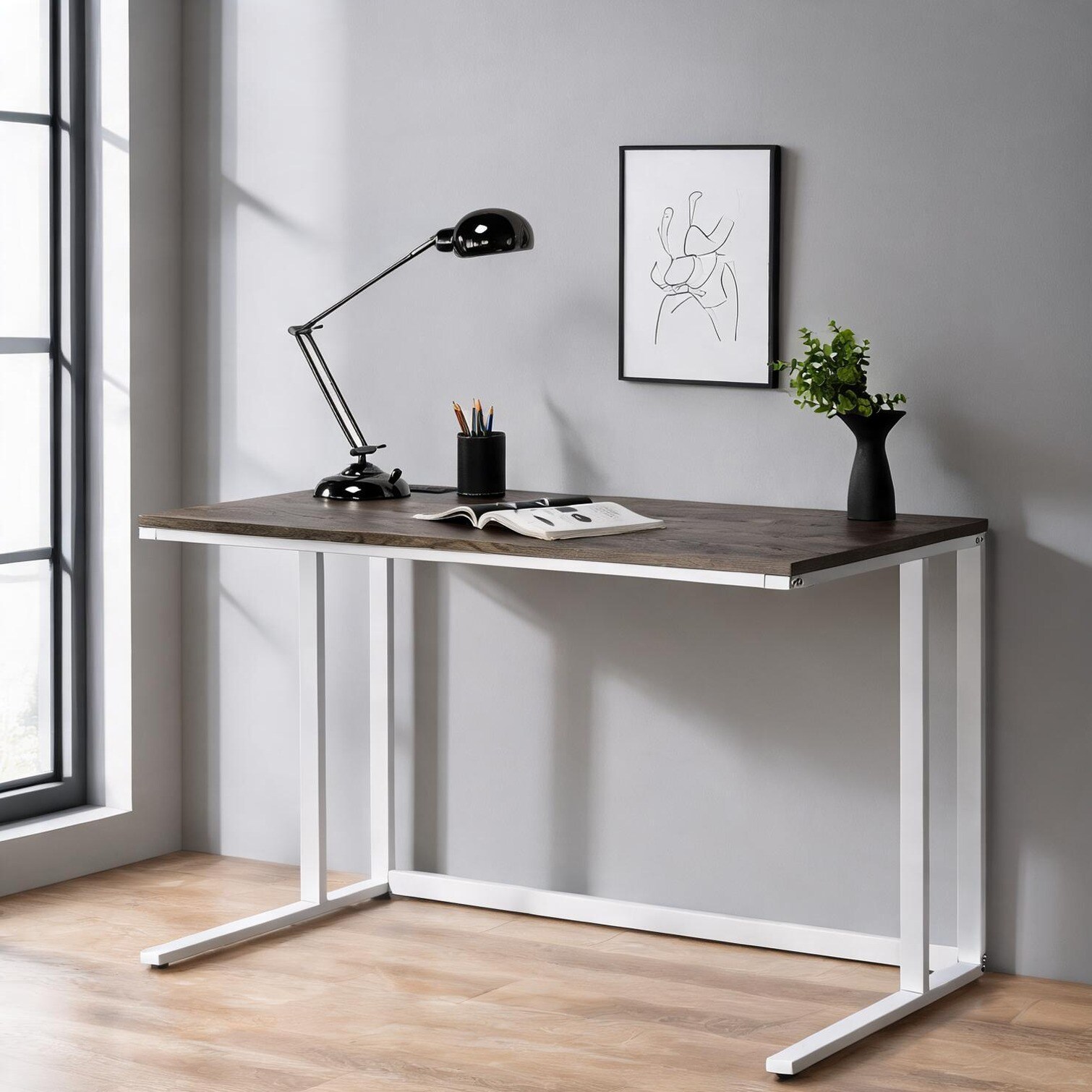 SunJet White-Toned Walnut Writing Desk with USB Charging for Home ...