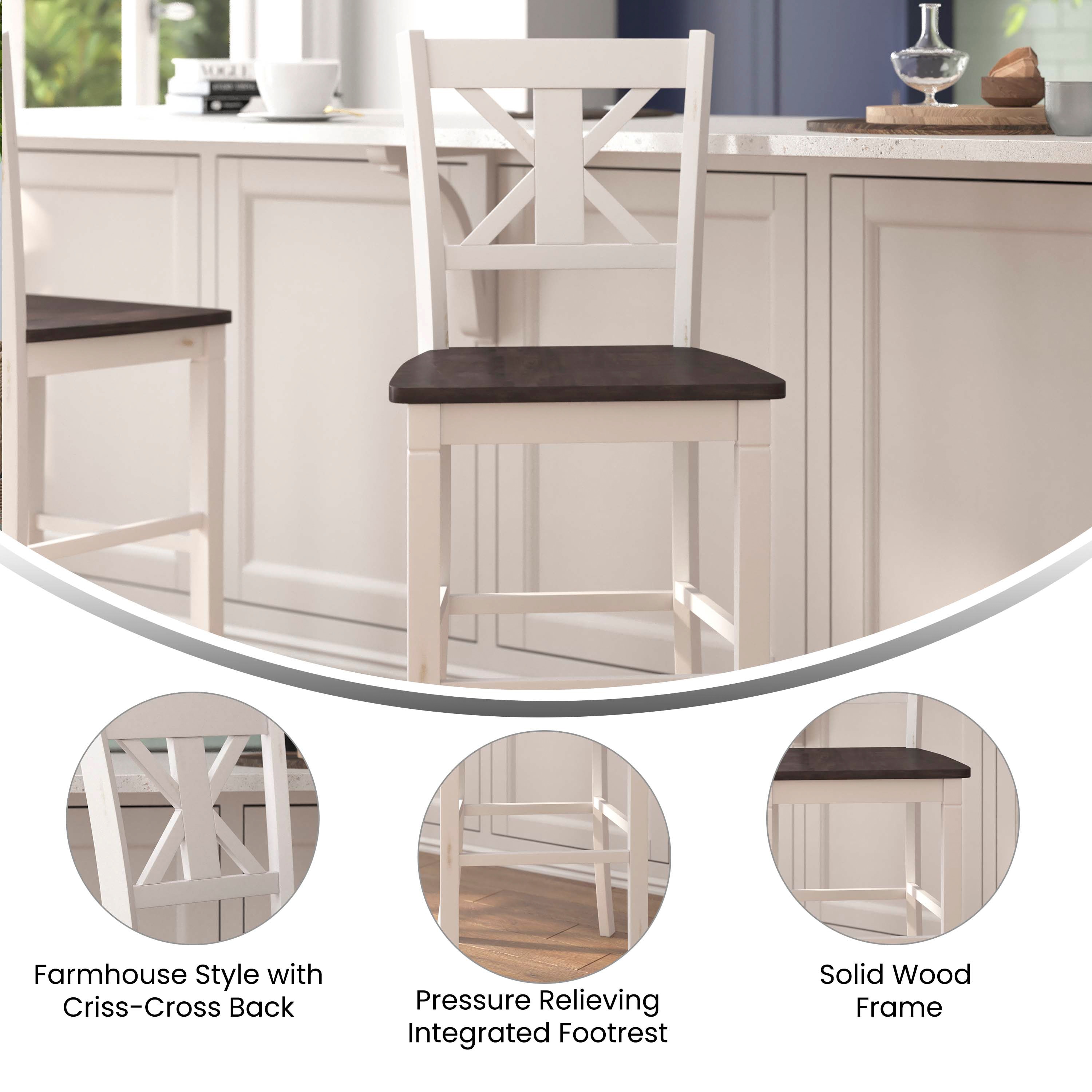 White Wash Solid Wood Cross Back Counter Stools, Set of 2