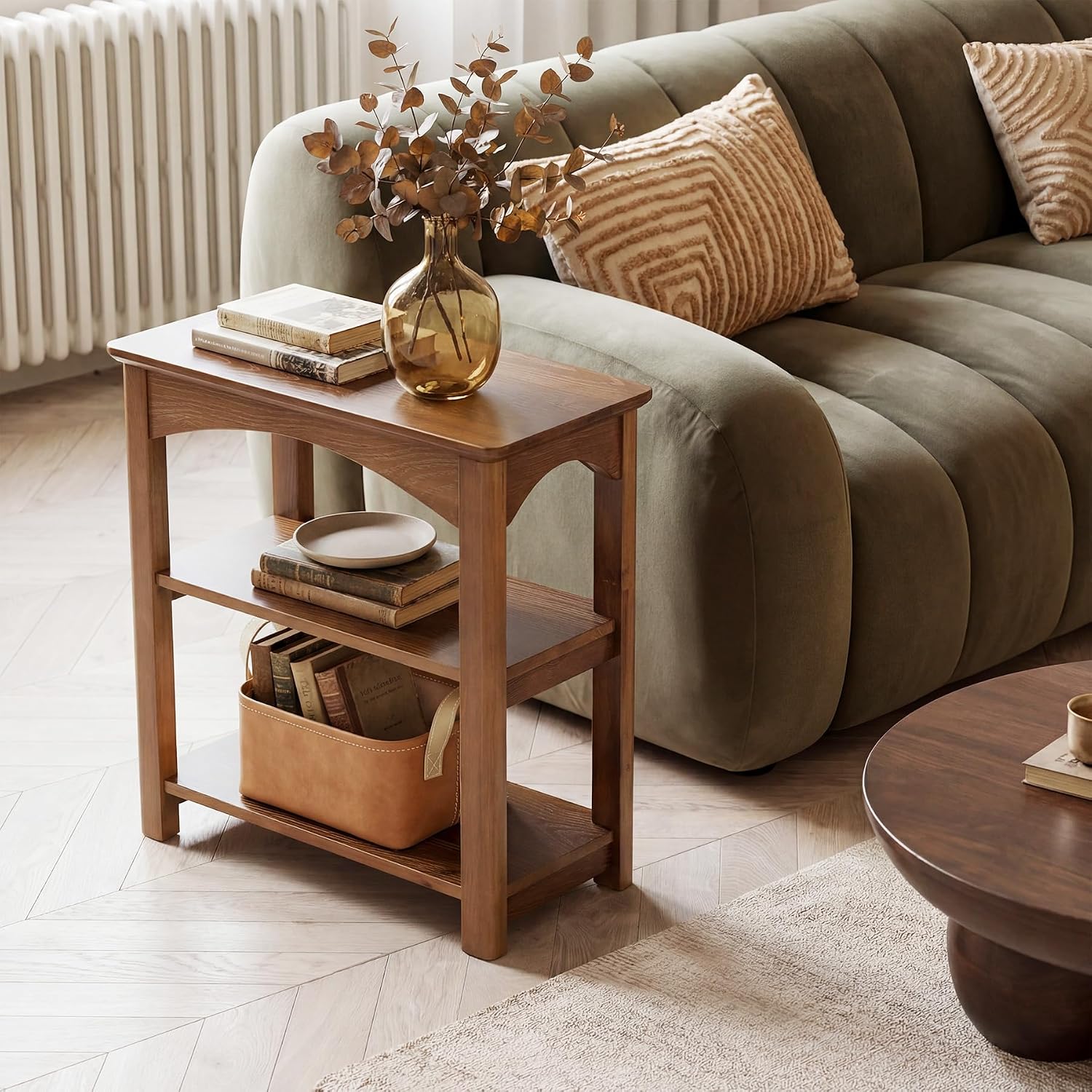 LITTLE TREE 23.6 Inch Solid Wood End Table Narrow Side Table with 3 ...