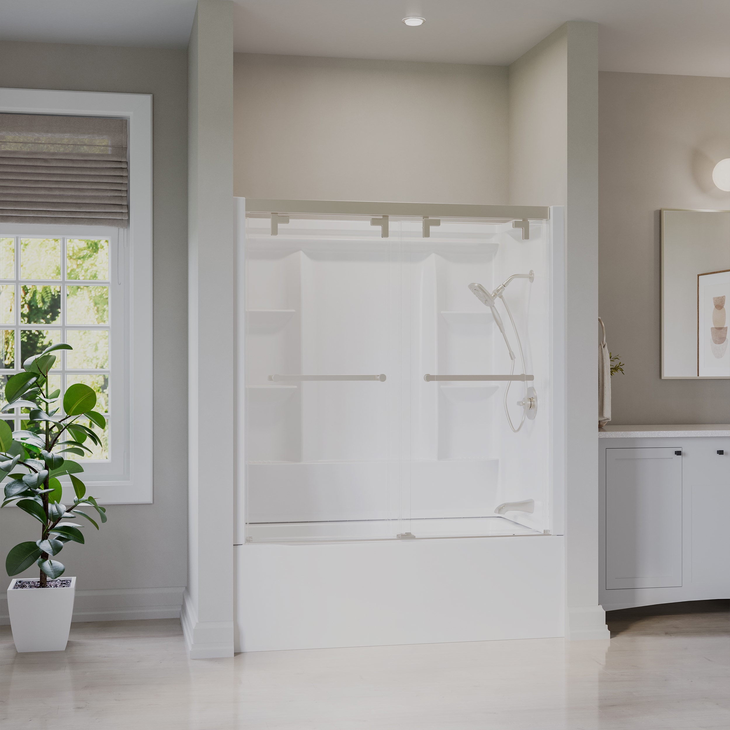 Delta   EverEdge 32-in L x 60-in W x 61-in H High Gloss White 3 -Piece Direct to Stud Bathtub Surround with Alcove Right Drain Bathtub and Brushed Nickel 53-in to 60-in W x 60.75-in H Frameless Clear Glass Sliding Shower Door