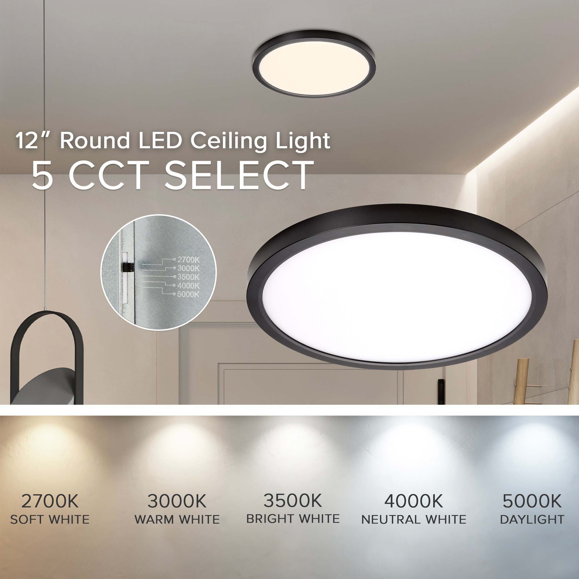 12-Inch Black Aluminum Round LED Flush Mount Ceiling Light