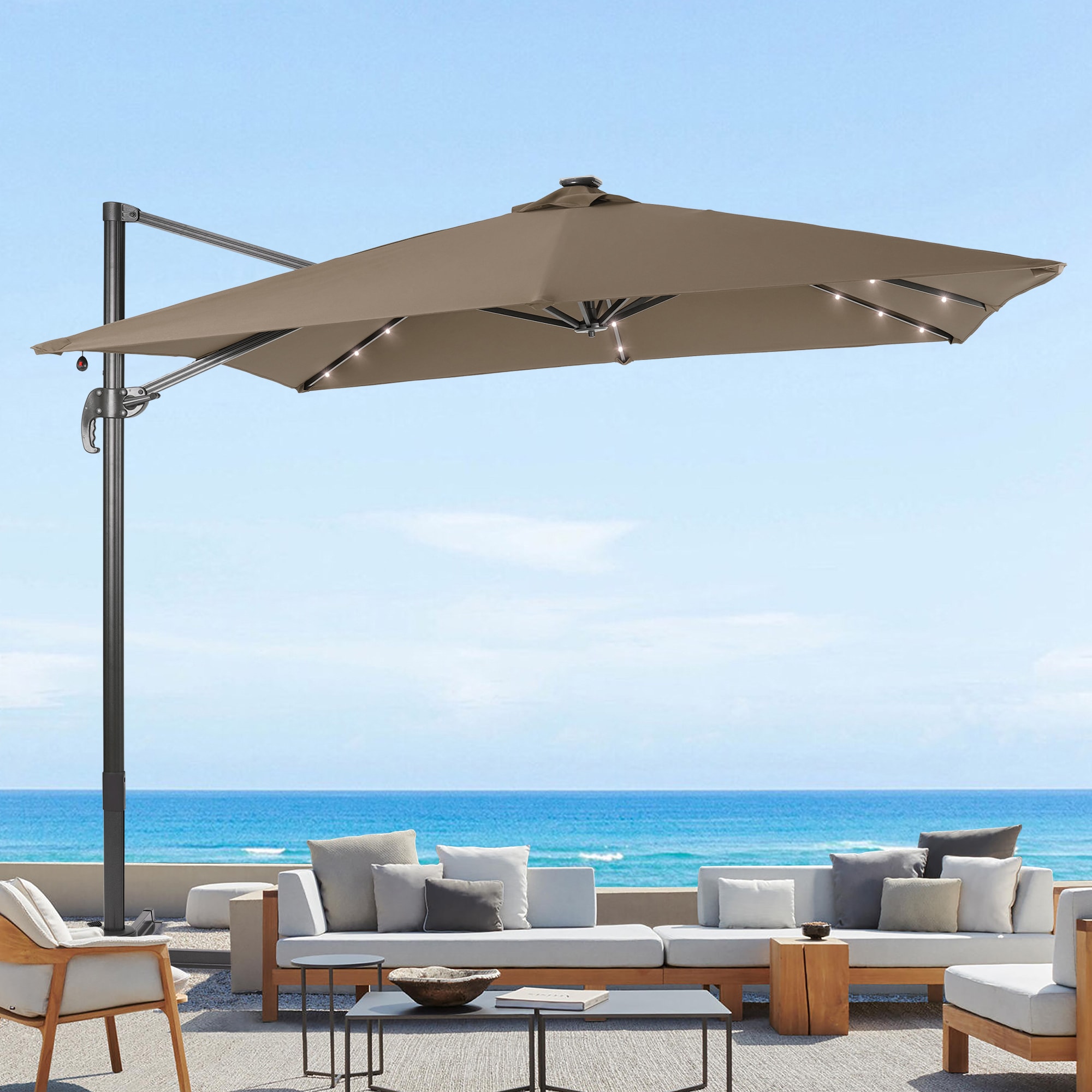 Sonkuki SD-MN99TP-LED 9-ft Aluminum Tan No-tilt Cantilever Patio Umbrella with Lights