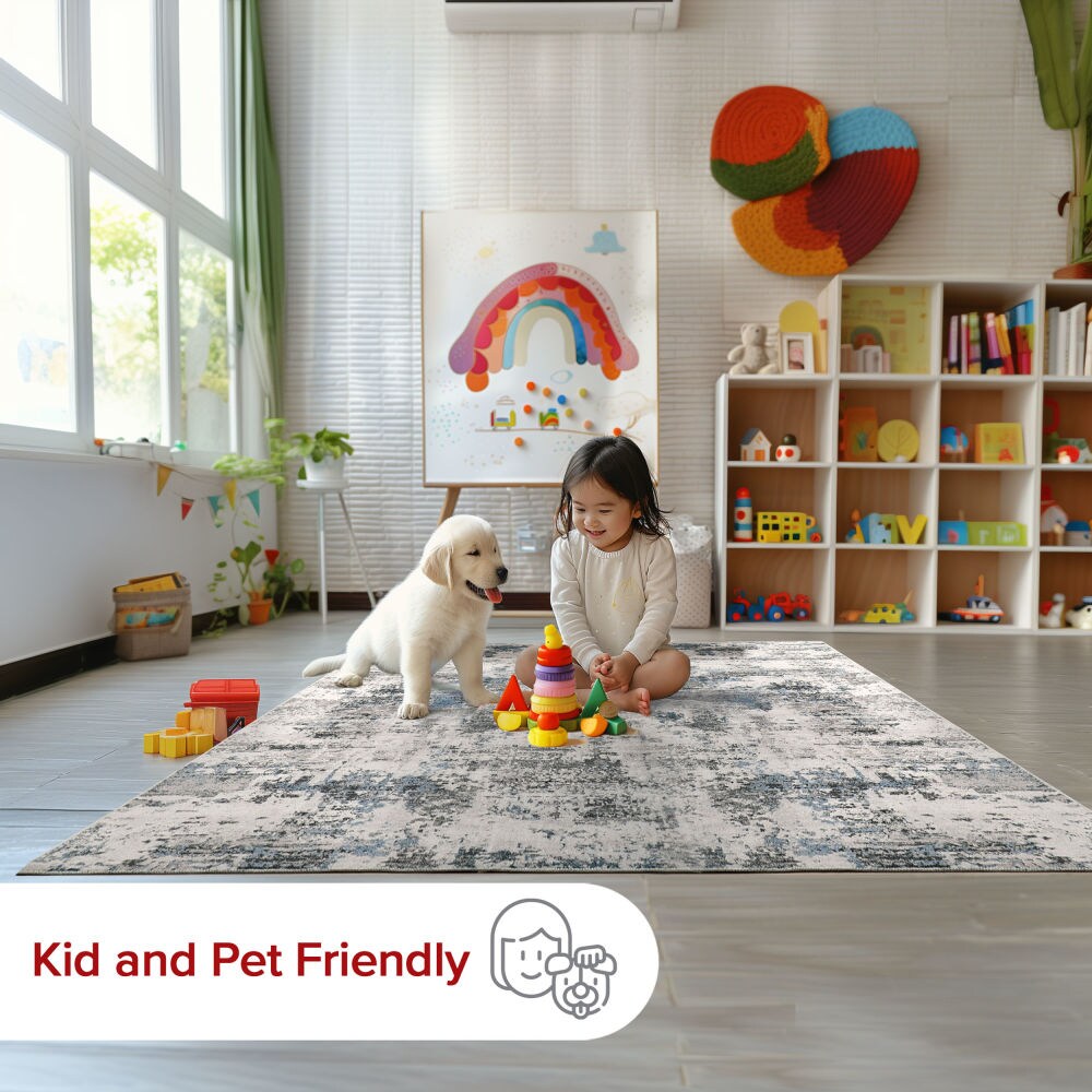 Reversible Abstract Gray Synthetic 4' x 6' Easy-Care Area Rug