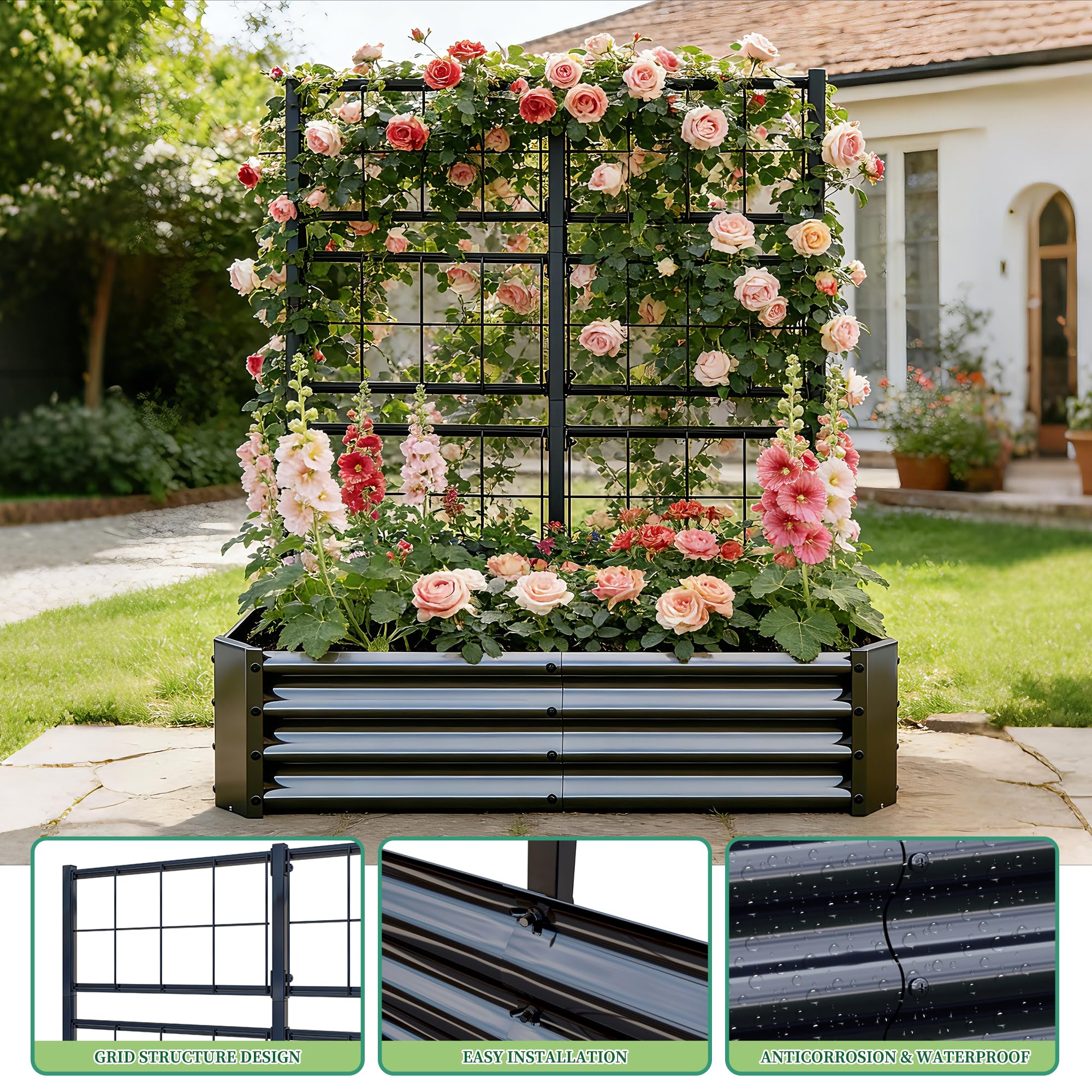 KTMBDW Galvanized Raised Garden Bed with Arch Trellis for Climbing ...