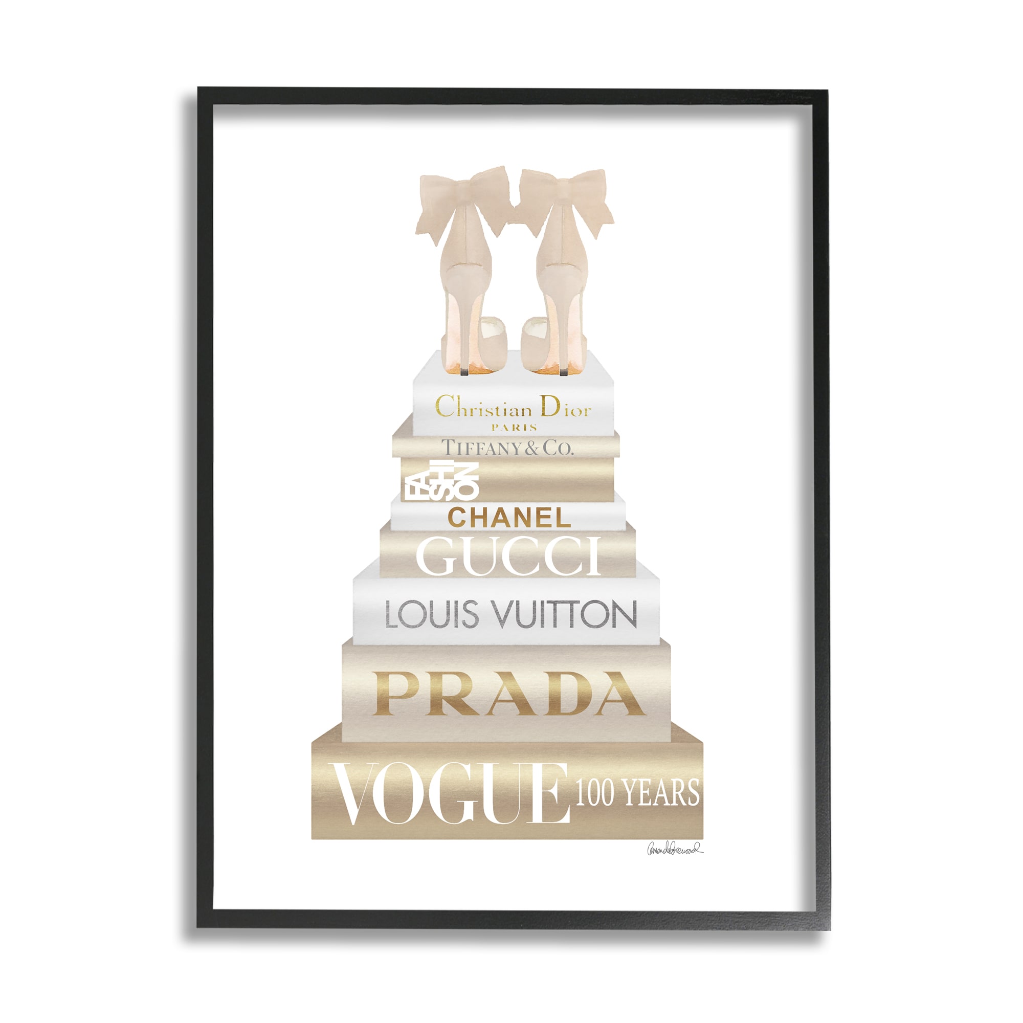 The Stupell Home Decor Collection Glam Fashion Book Stack Grey Bow Pump Heels Ink Oversized Wall Plaque Art