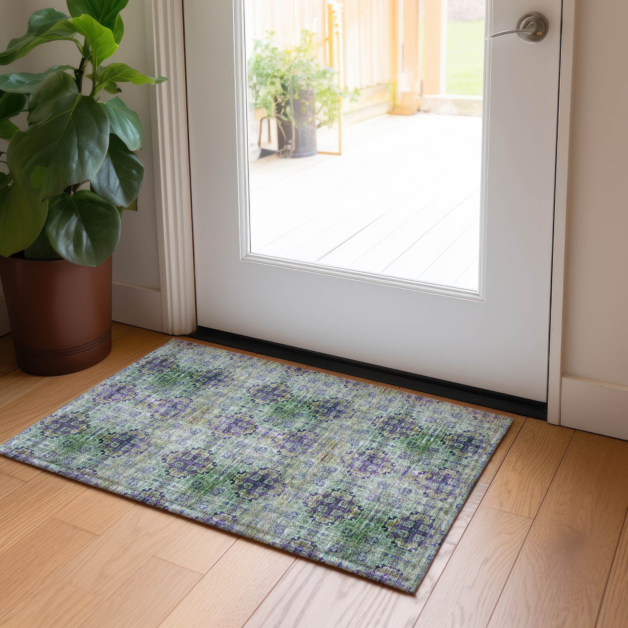 Purple and Green Synthetic Machine Washable Kids Rug 1'8" x 2'6"