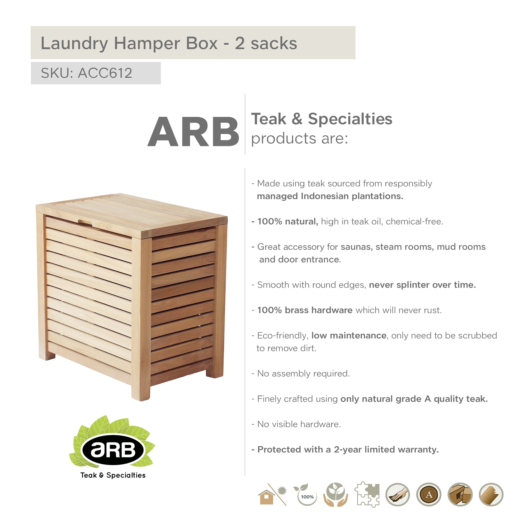 Teak Wood Upright Laundry Hamper with Dual Sacks