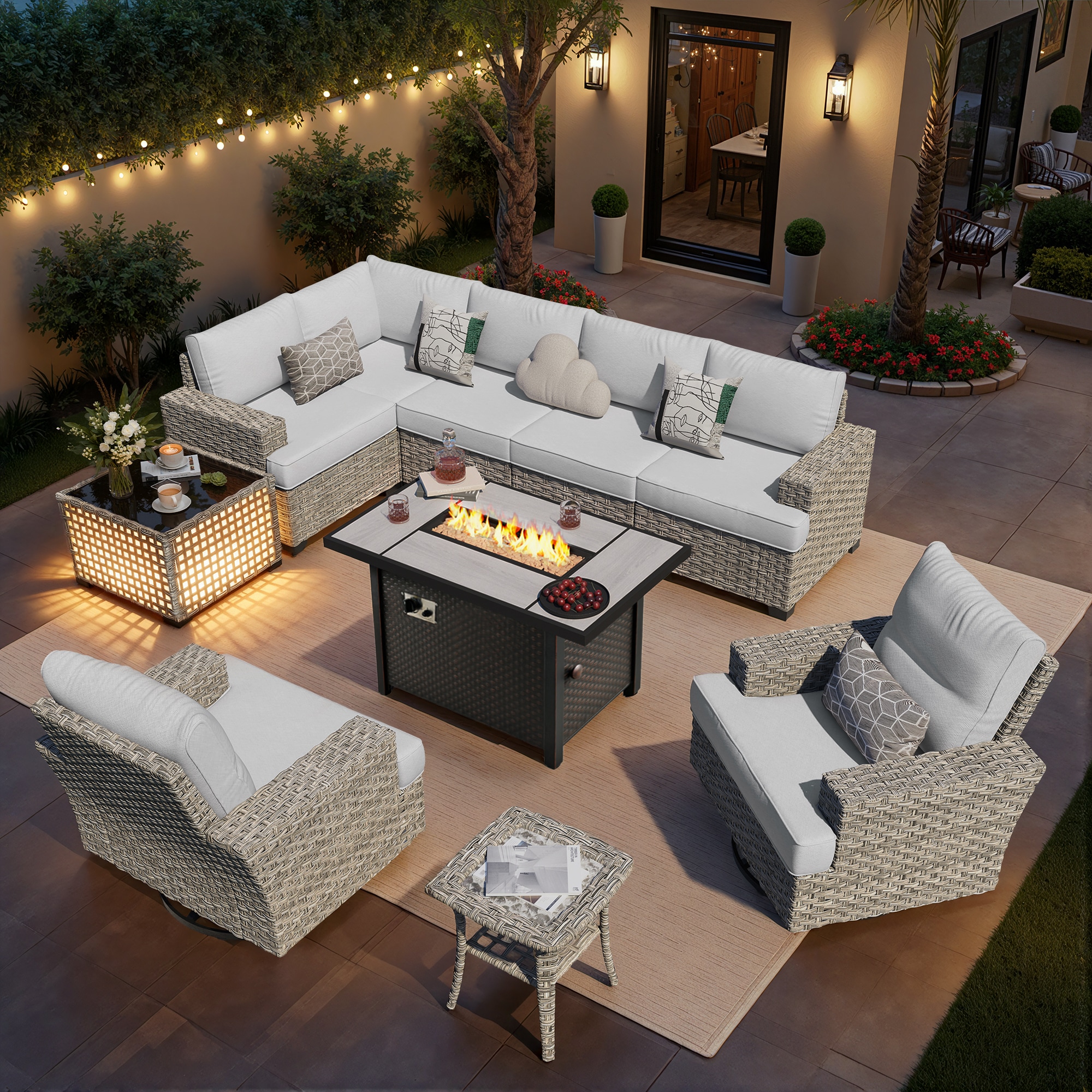 XIZZI XITBS4010C5-RC3IFP Agate 9 -Piece Rattan Patio Sofa Conversation Set with Light Gray Cushions