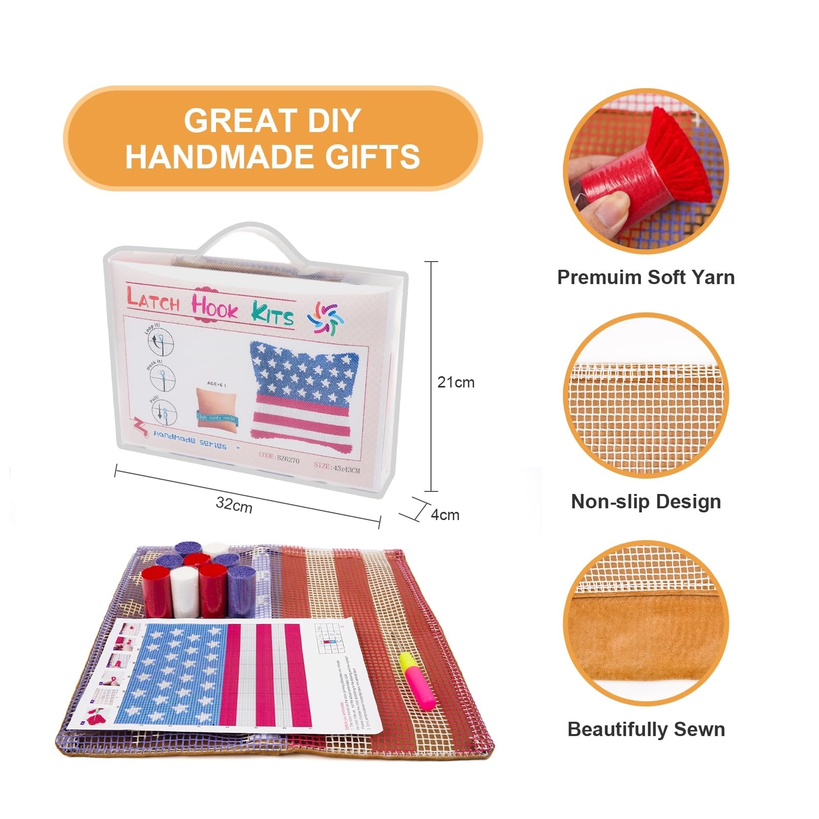 Aoibox  Stars and Stripes American Flag Latch Hook Pillow Cover Kit DIY Needlework Craft 17 x 17 in