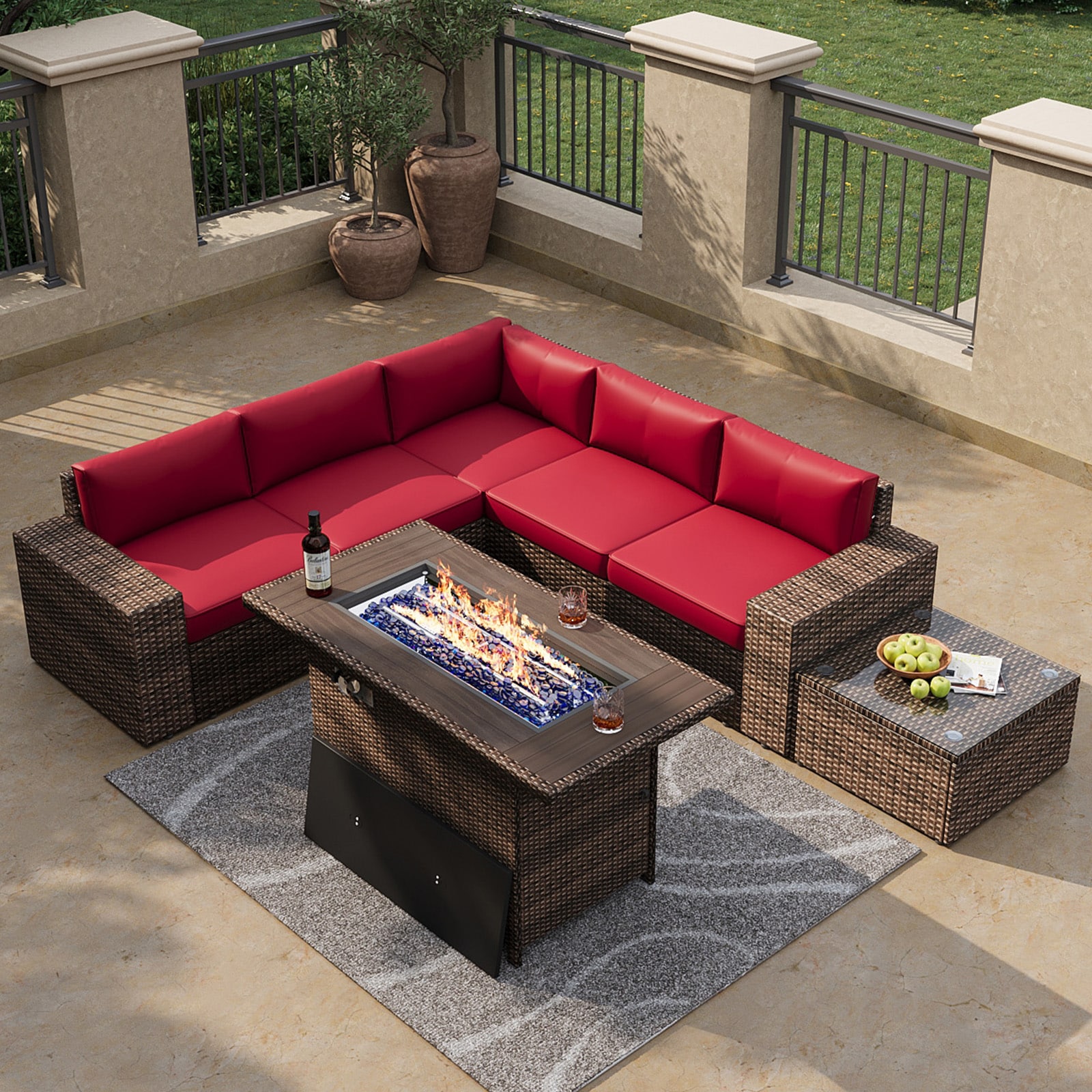Bapipro BP3907D12 7 -Piece Rattan Patio Sofa Conversation Set with Red Cushions