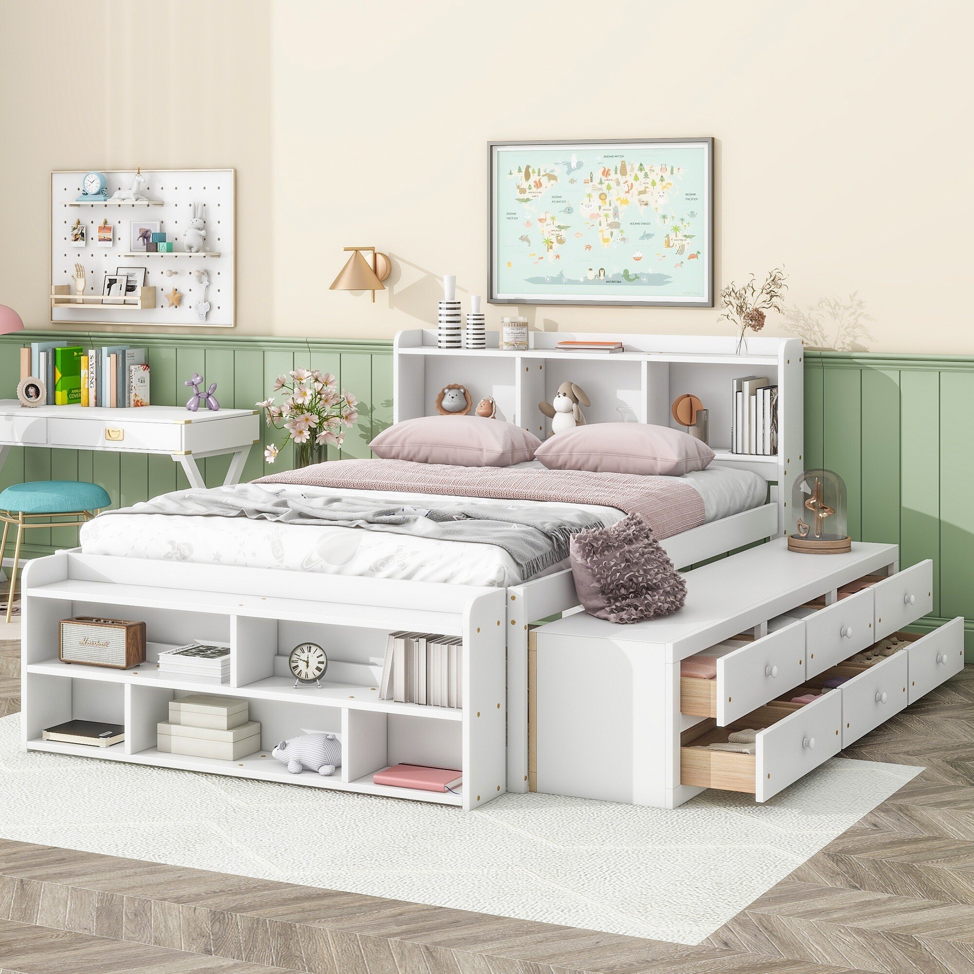 Horizons Prime Full Size White Wood Bed with Bookcase Headboard  Under Bed Storage Drawers and Bed End Storage Case with 10 Slats