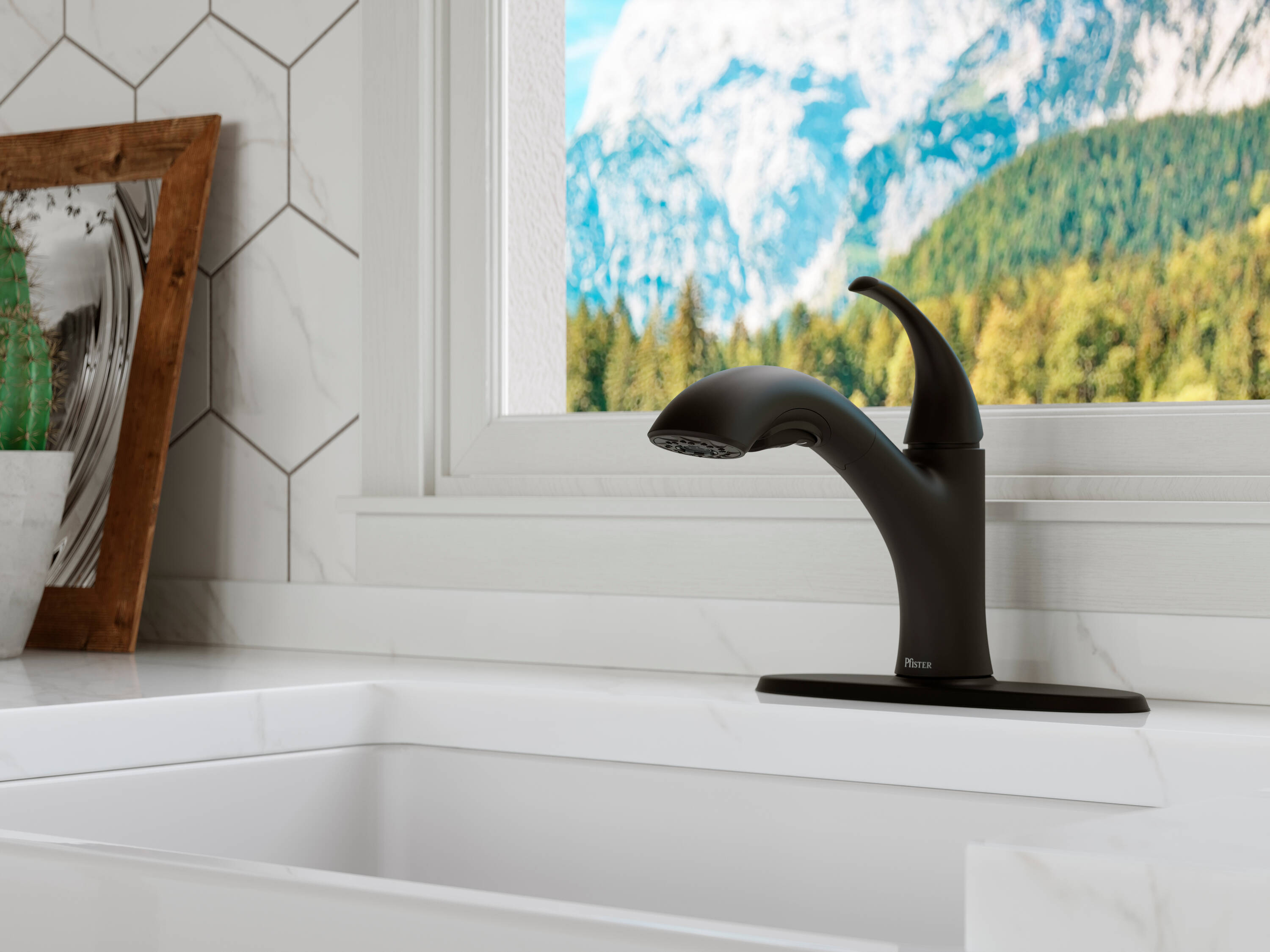 Pfister Wray Matte Black Single Handle Kitchen Faucet with Sprayer